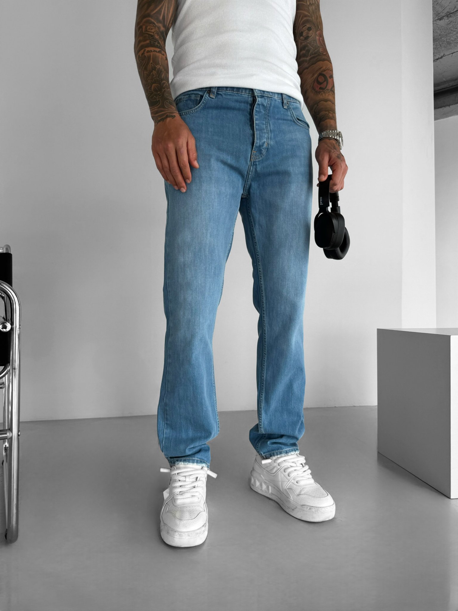 Erkek Baggy Fit Kesim Eskitmeli Denim Jean Pantolon Mavi