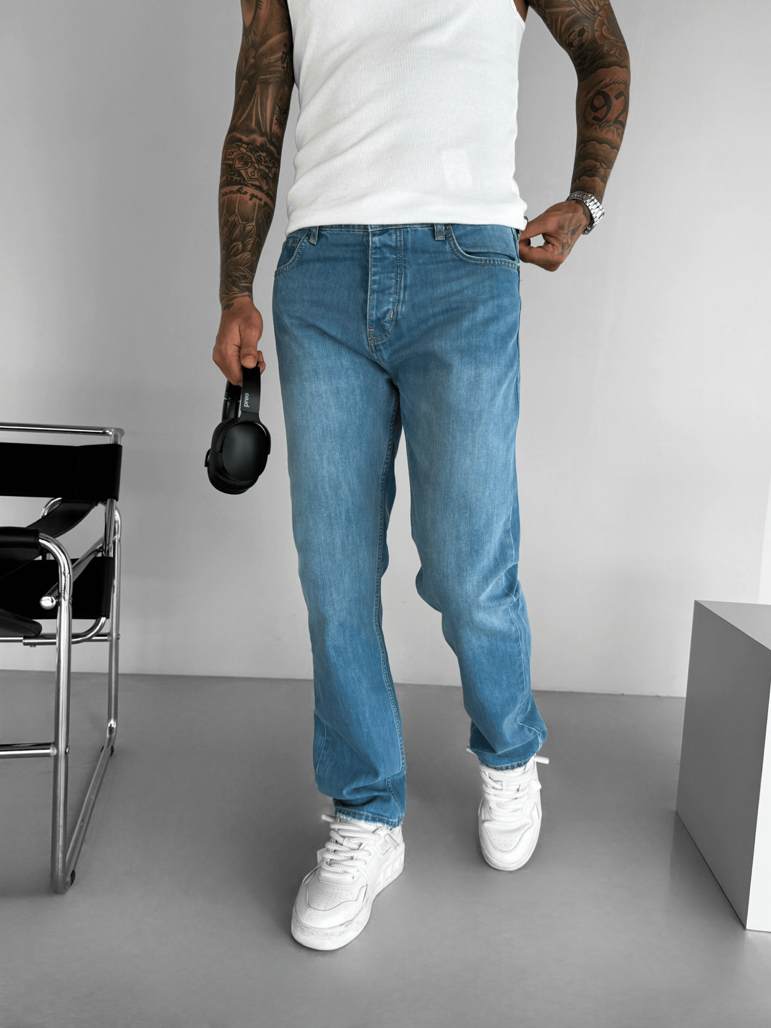 Erkek Baggy Fit Kesim Eskitmeli Denim Jean Pantolon Mavi