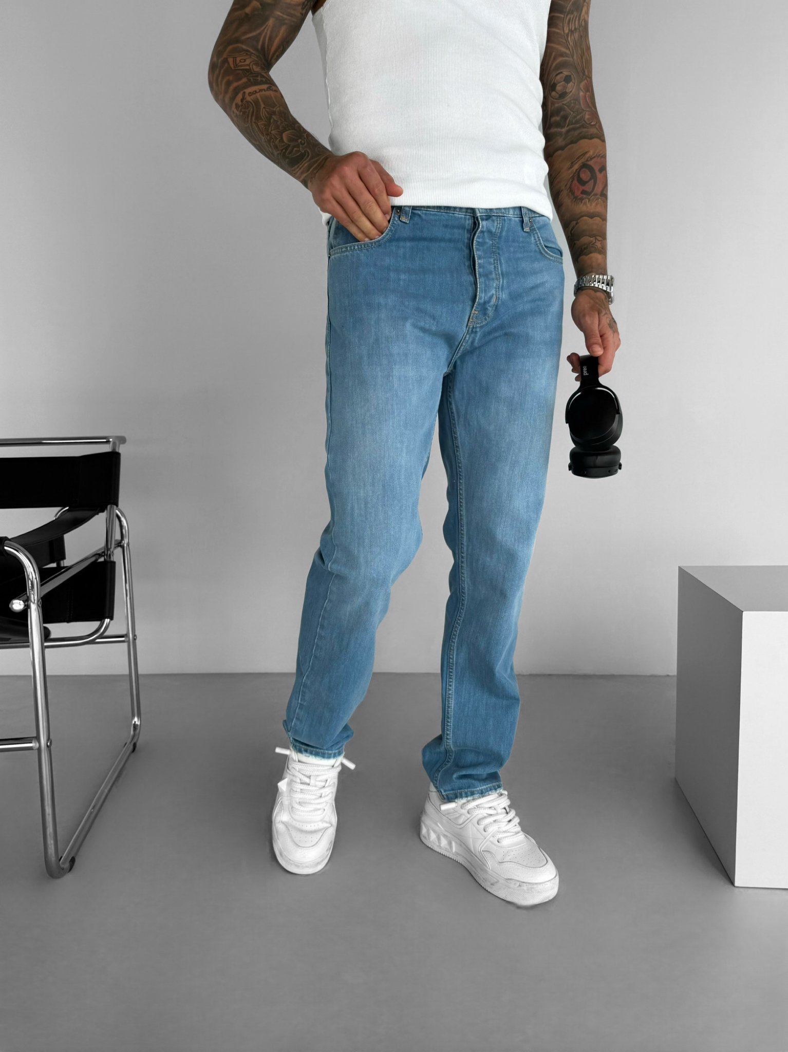 Erkek Baggy Fit Kesim Eskitmeli Denim Jean Pantolon Mavi