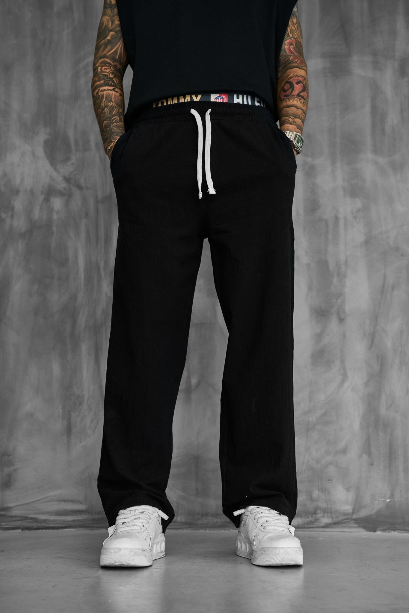 Erkek Baggy Fit Keten Görünümlü Pantolon Siyah