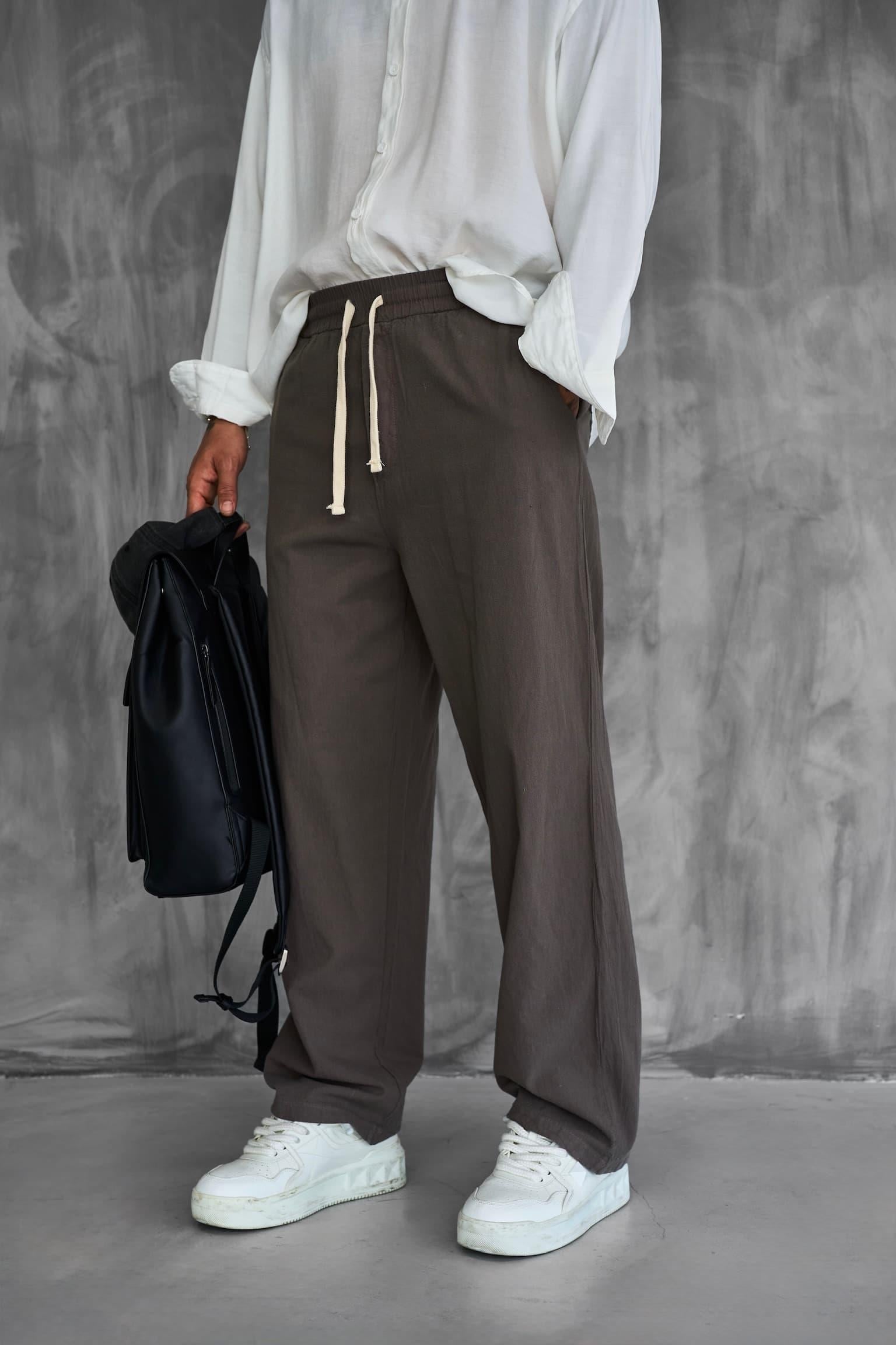 Erkek Baggy Fit Keten Görünümlü Pantolon Kahve