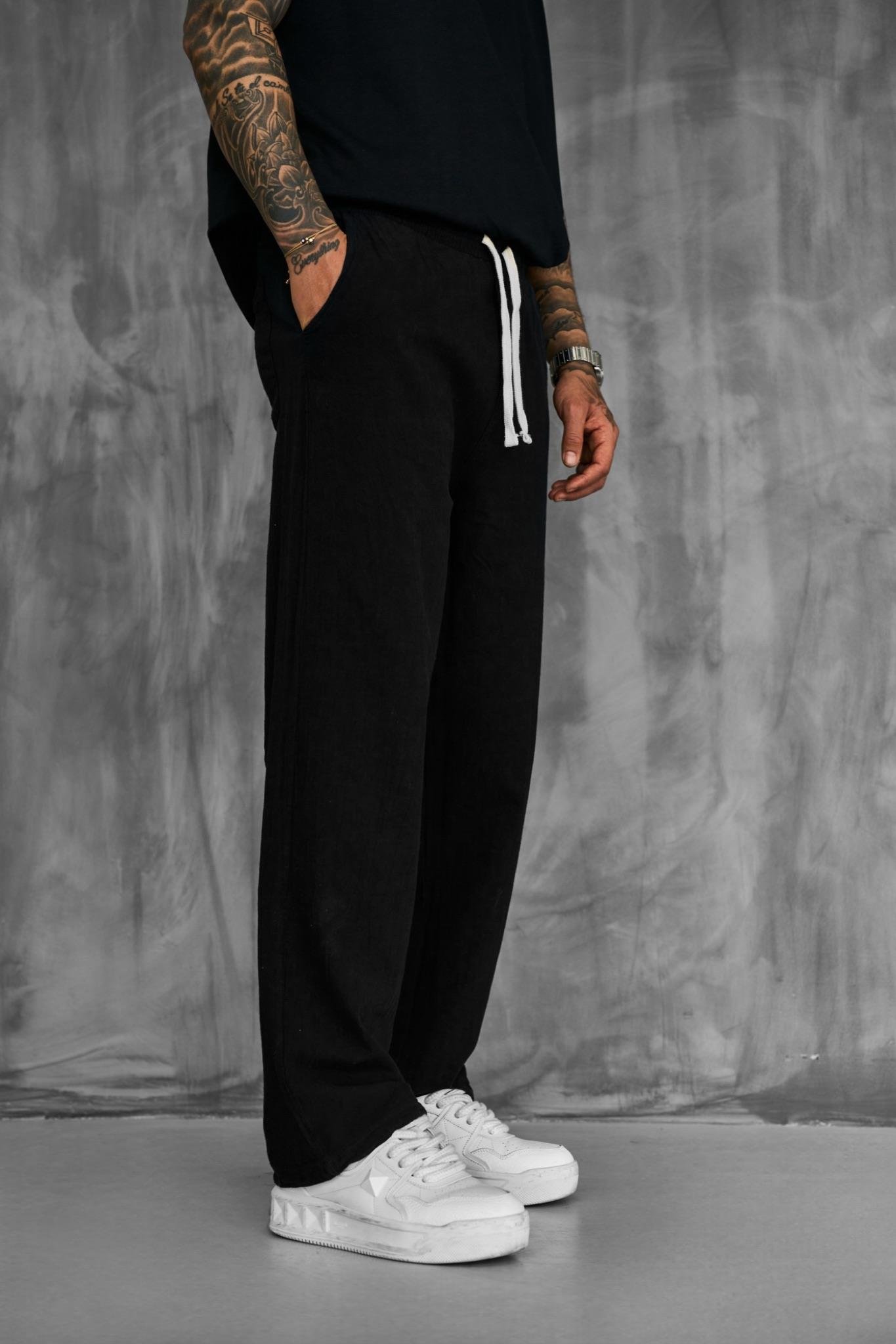 Erkek Baggy Fit Keten Görünümlü Pantolon Siyah