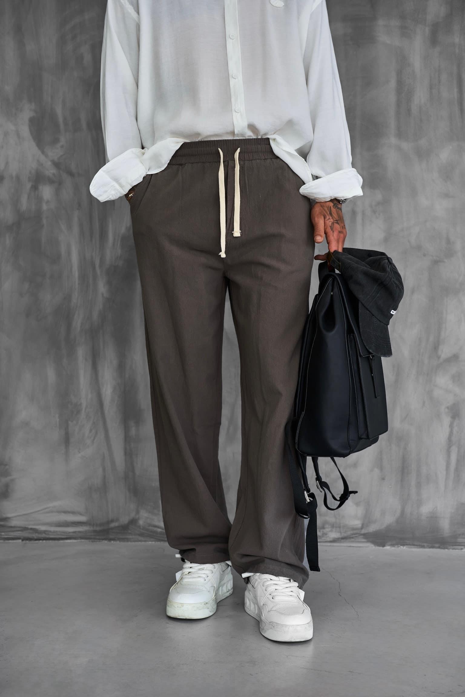Erkek Baggy Fit Keten Görünümlü Pantolon Kahve