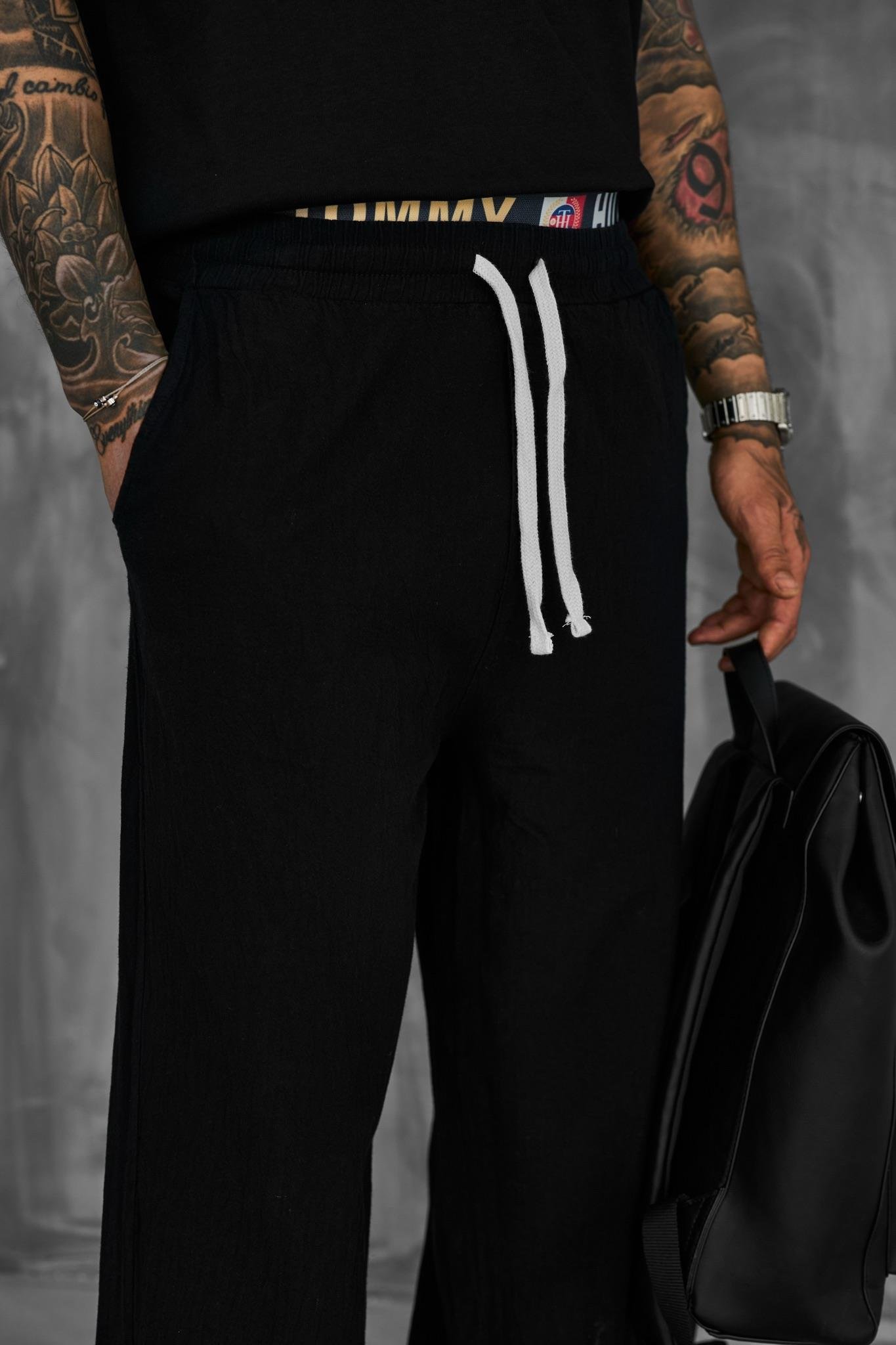 Erkek Baggy Fit Keten Görünümlü Pantolon Siyah