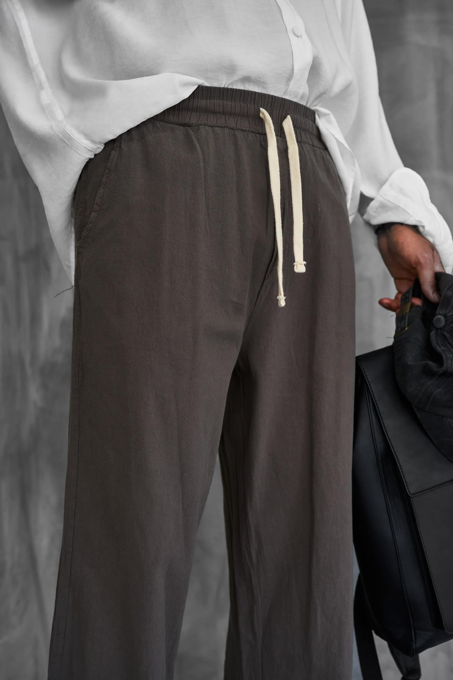 Erkek Baggy Fit Keten Görünümlü Pantolon Kahve