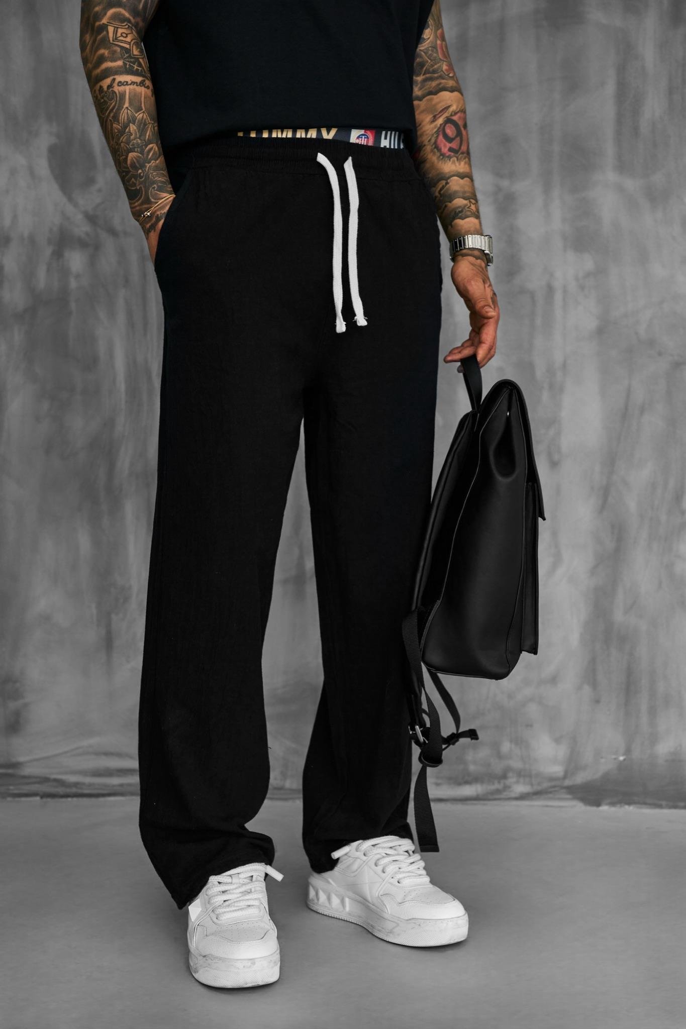 Erkek Baggy Fit Keten Görünümlü Pantolon Siyah