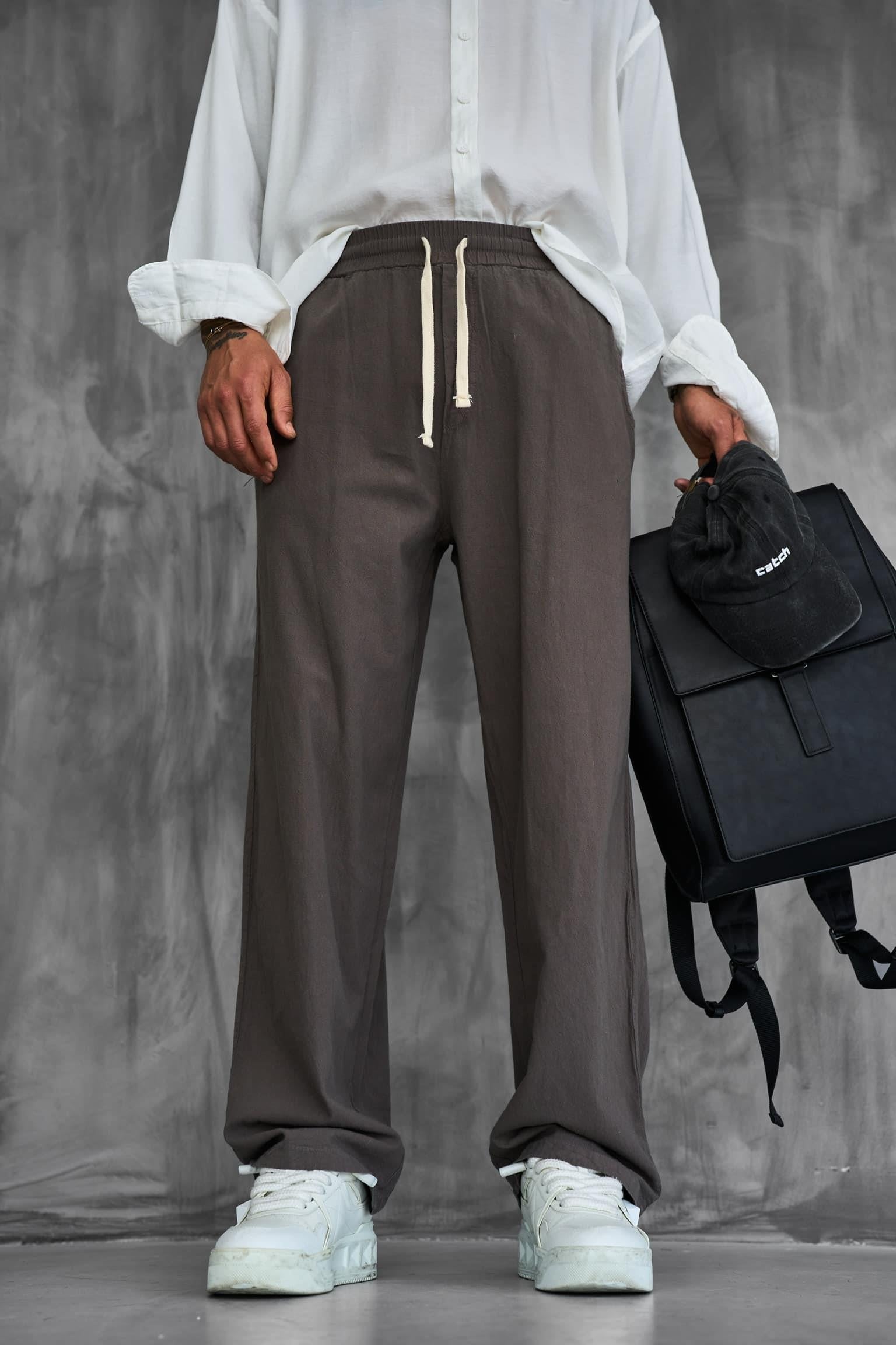 Erkek Baggy Fit Keten Görünümlü Pantolon Kahve