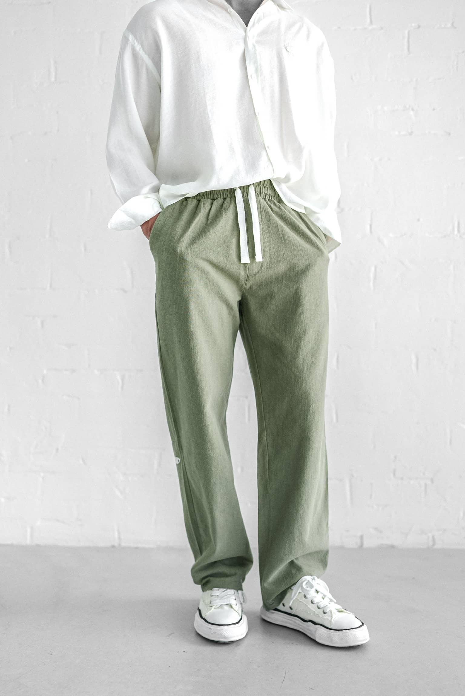 Erkek Baggy Fit Keten Pantolon Açık Yeşil