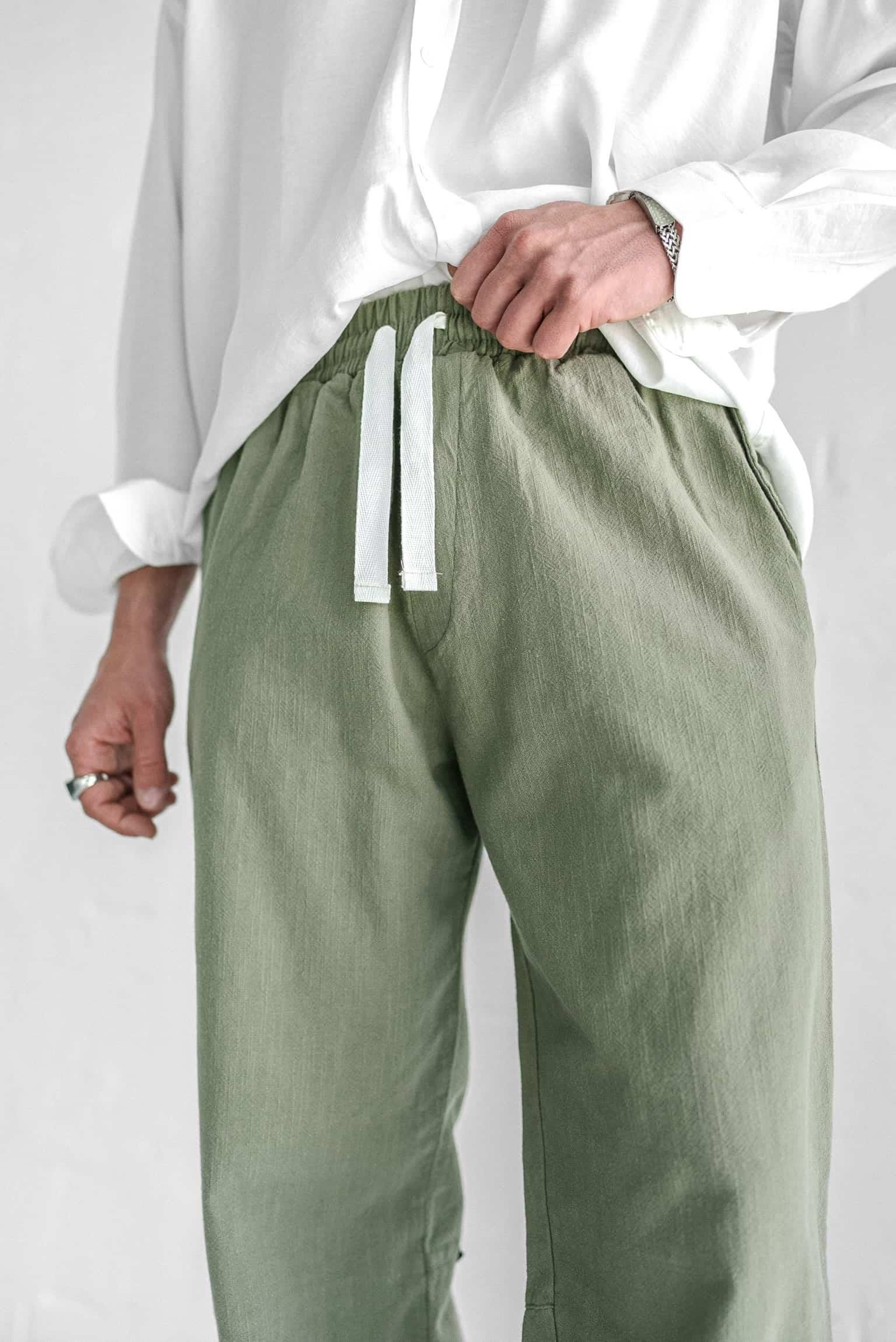 Erkek Baggy Fit Keten Pantolon Açık Yeşil