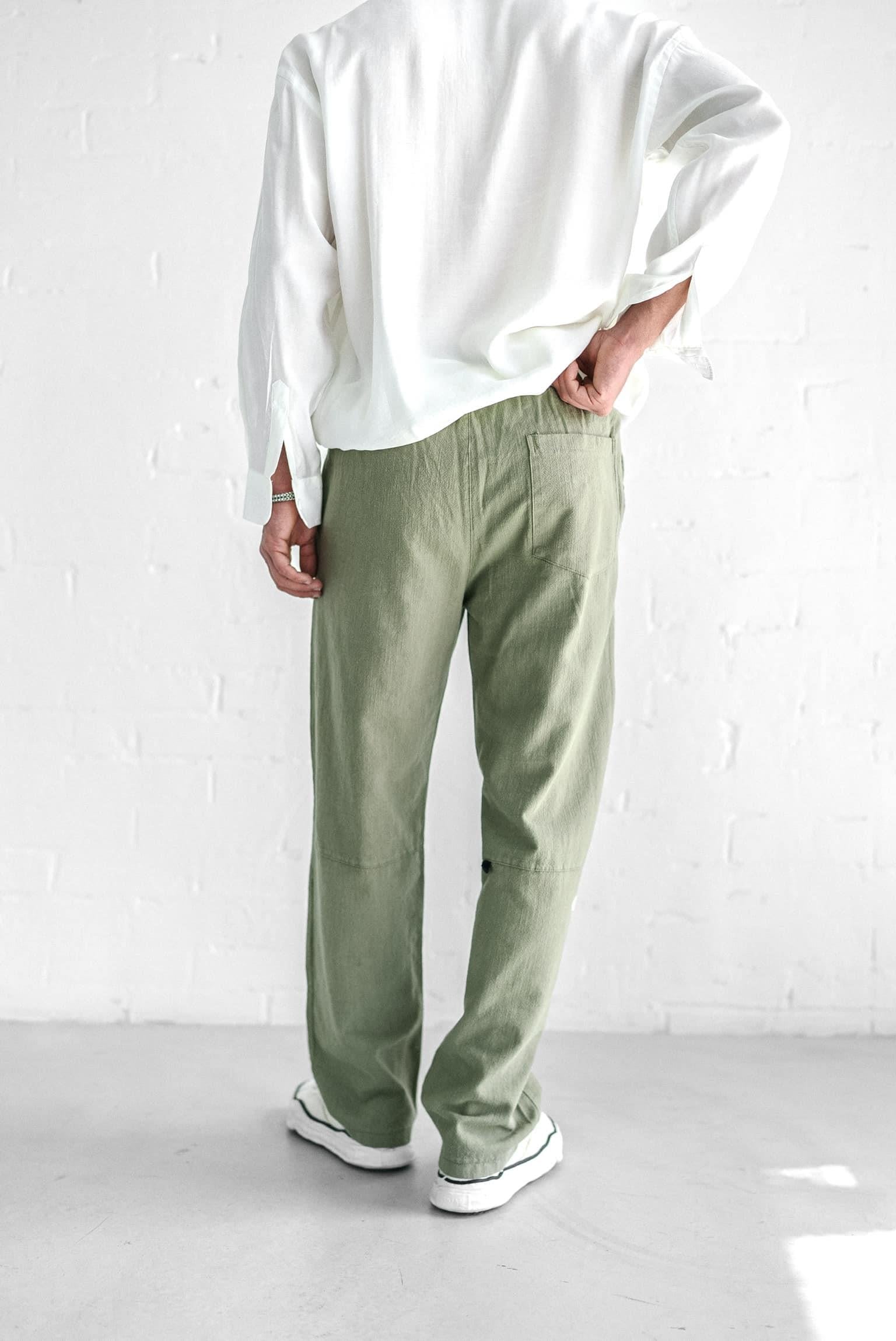 Erkek Baggy Fit Keten Pantolon Açık Yeşil