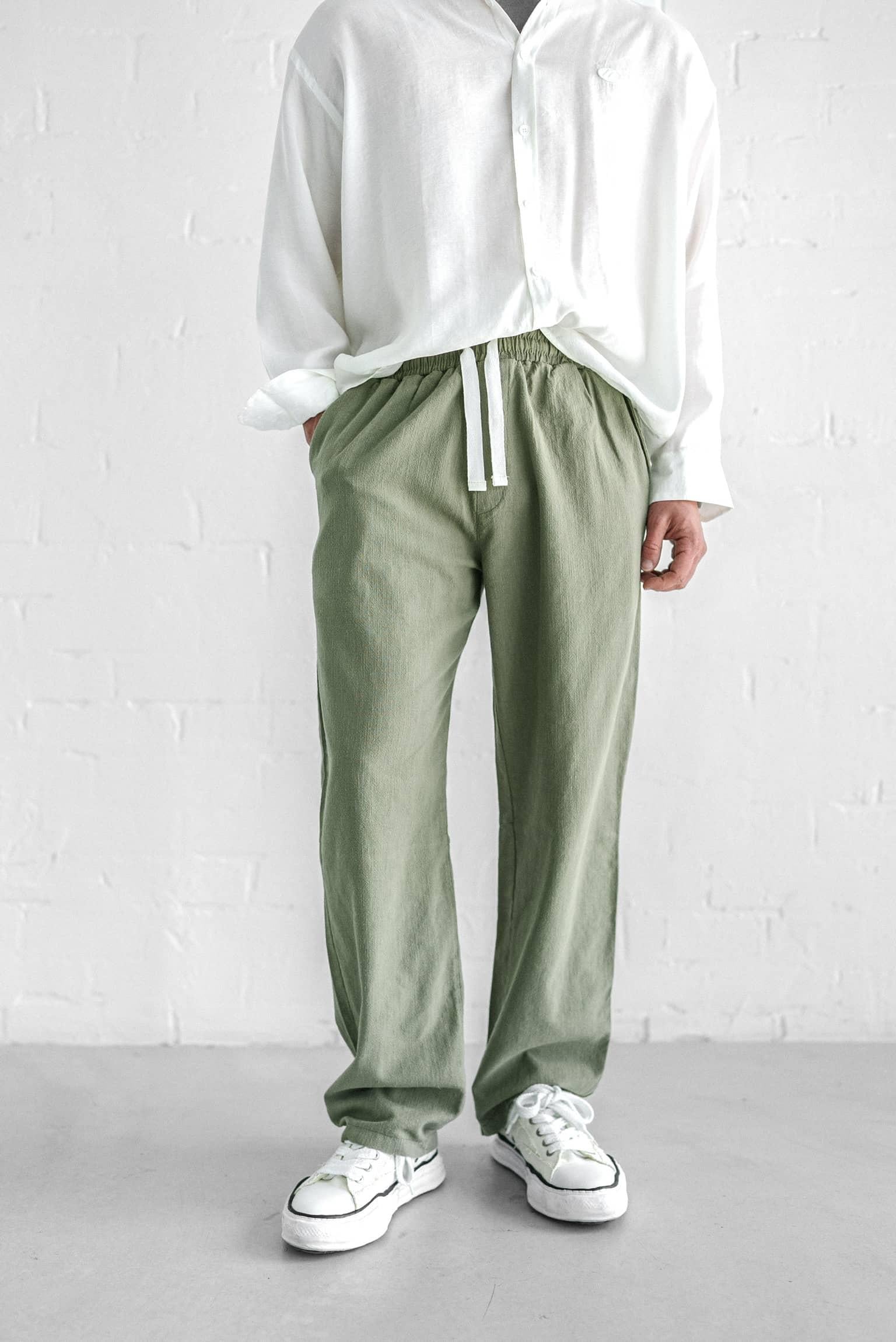 Erkek Baggy Fit Keten Pantolon Açık Yeşil