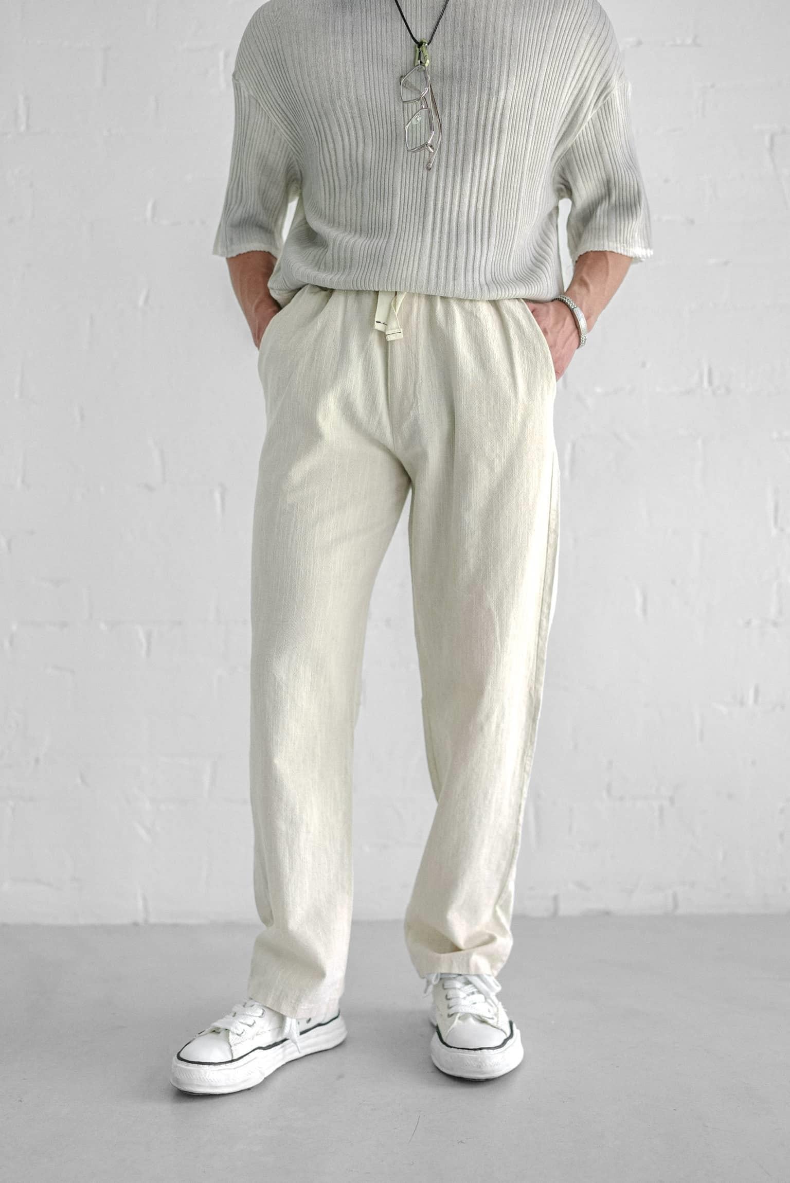 Erkek Baggy Fit Keten Pantolon Ekru