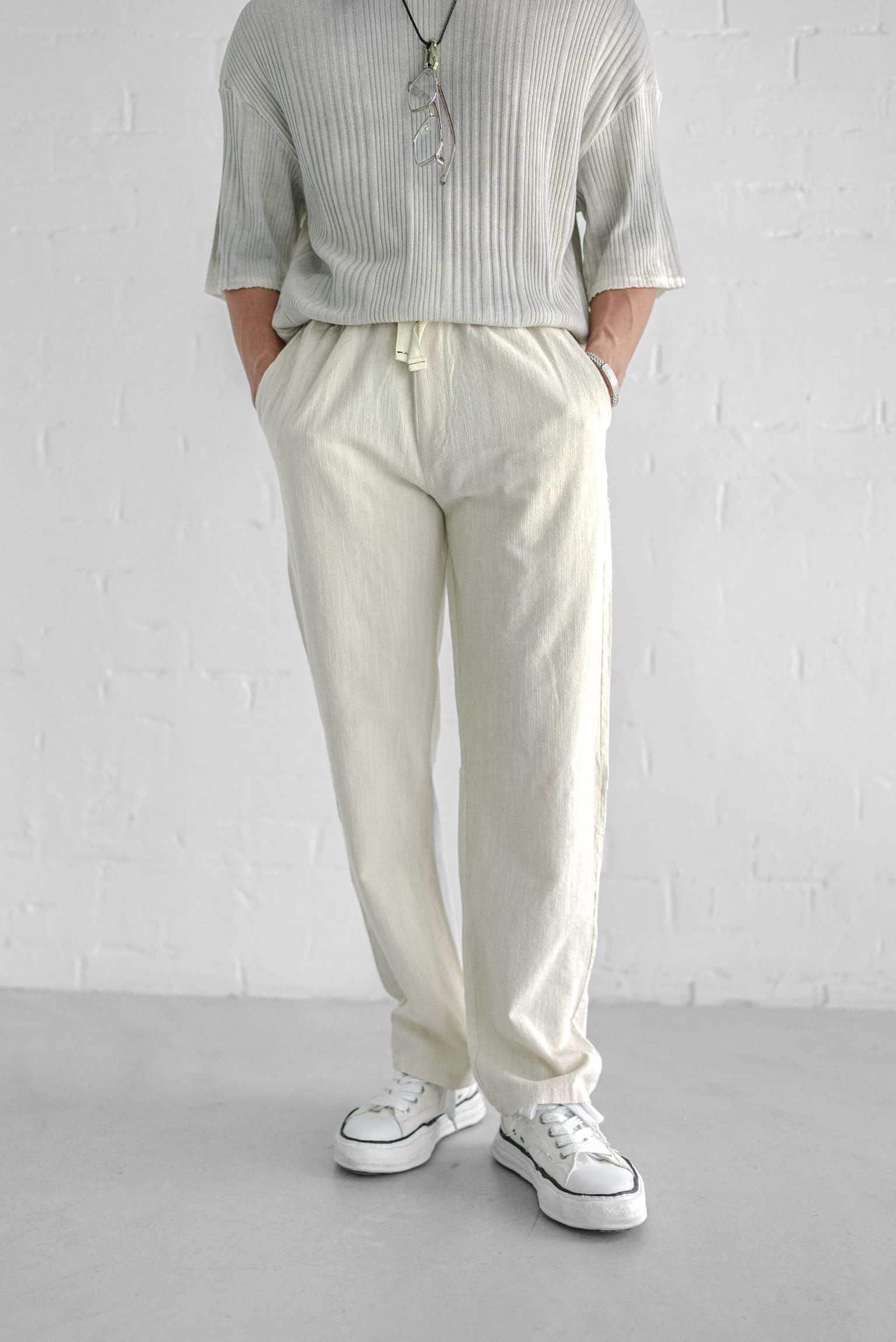 Erkek Baggy Fit Keten Pantolon Ekru