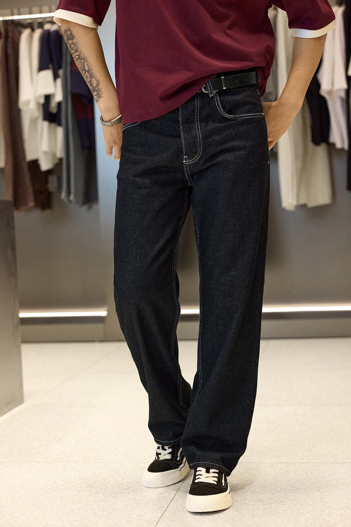 Erkek Baggy Fit Kontrast Dikişli Jean Pantolon Siyah