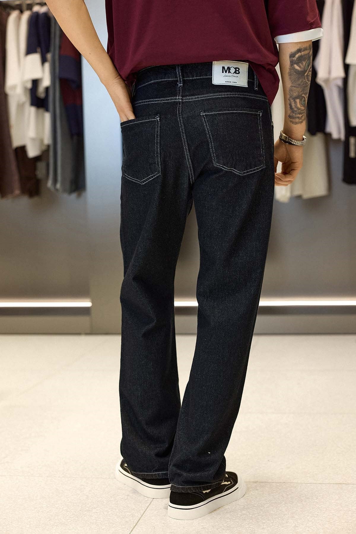 Erkek Baggy Fit Kontrast Dikişli Jean Pantolon Siyah