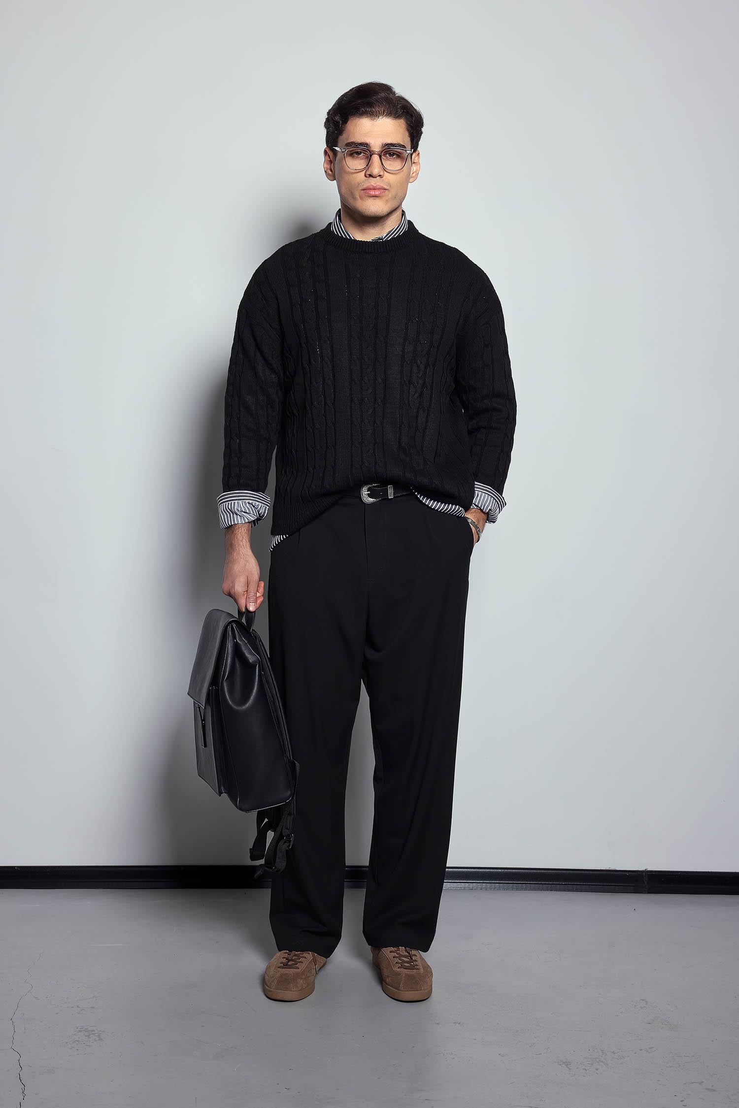 Erkek Baggy Fit Kumaş Pantolon Siyah