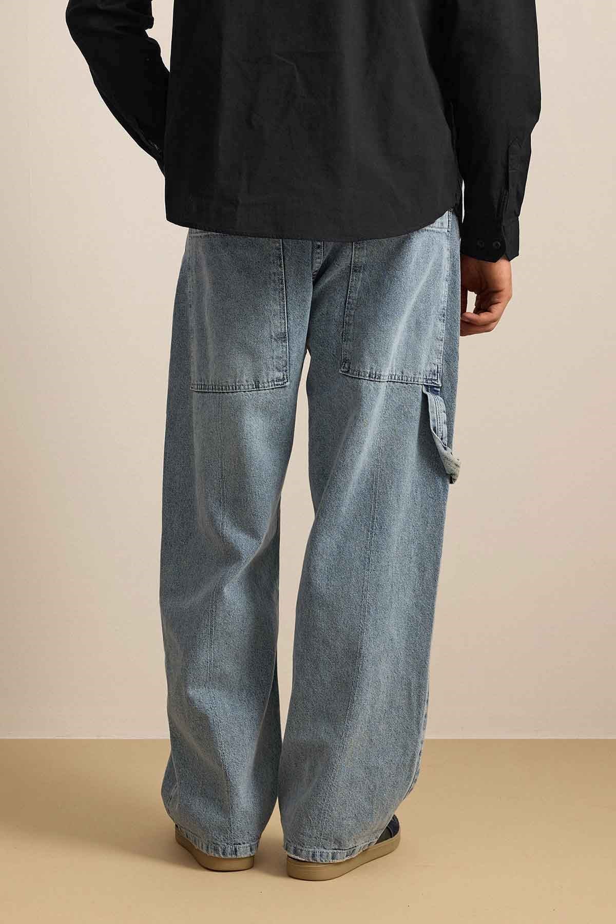 Erkek Baggy Fit Marangoz Cepli Jean Pantolon Açık Mavi
