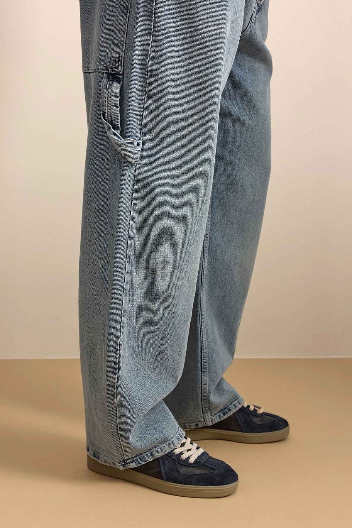 Erkek Baggy Fit Marangoz Cepli Jean Pantolon Açık Mavi