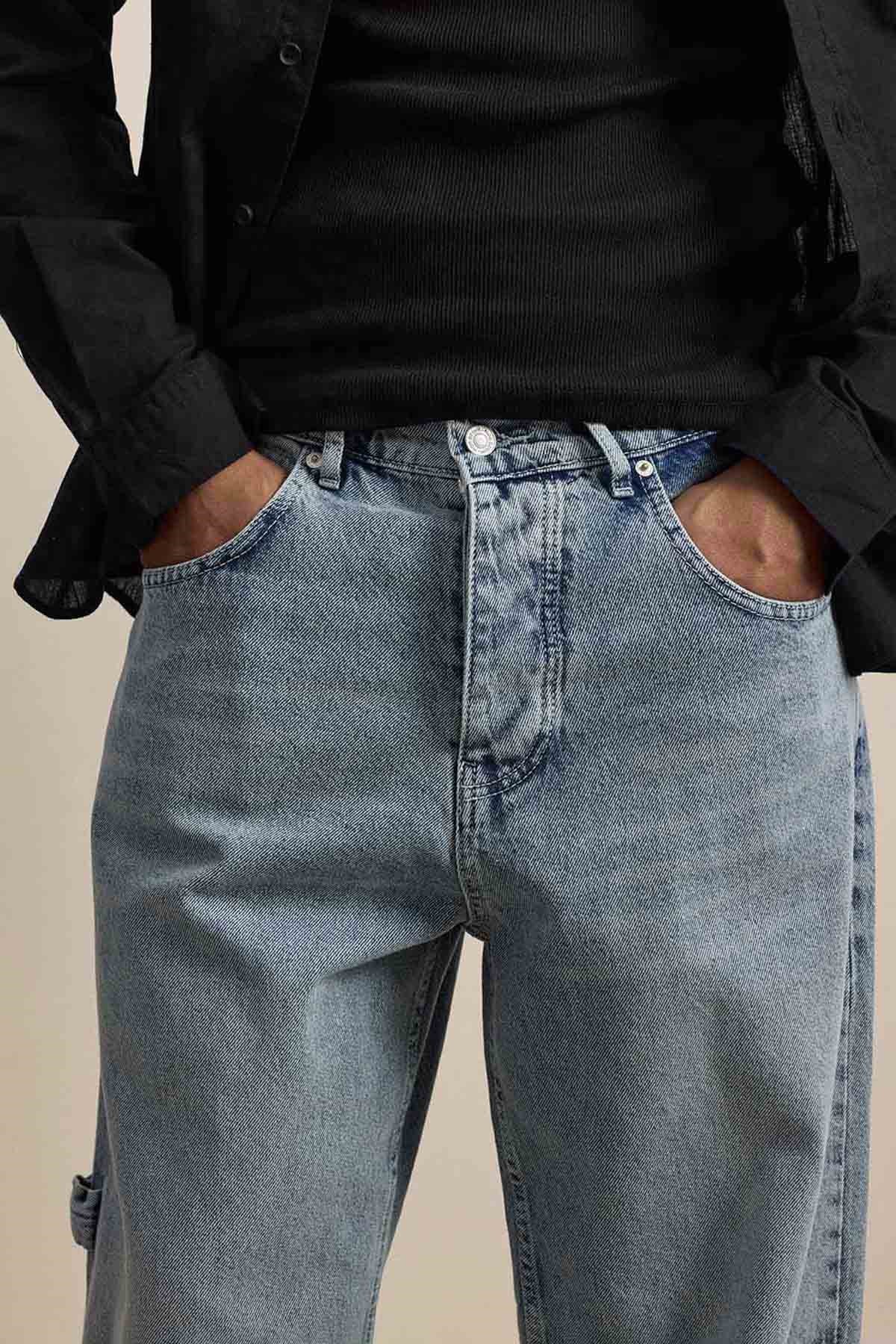 Erkek Baggy Fit Marangoz Cepli Jean Pantolon Açık Mavi