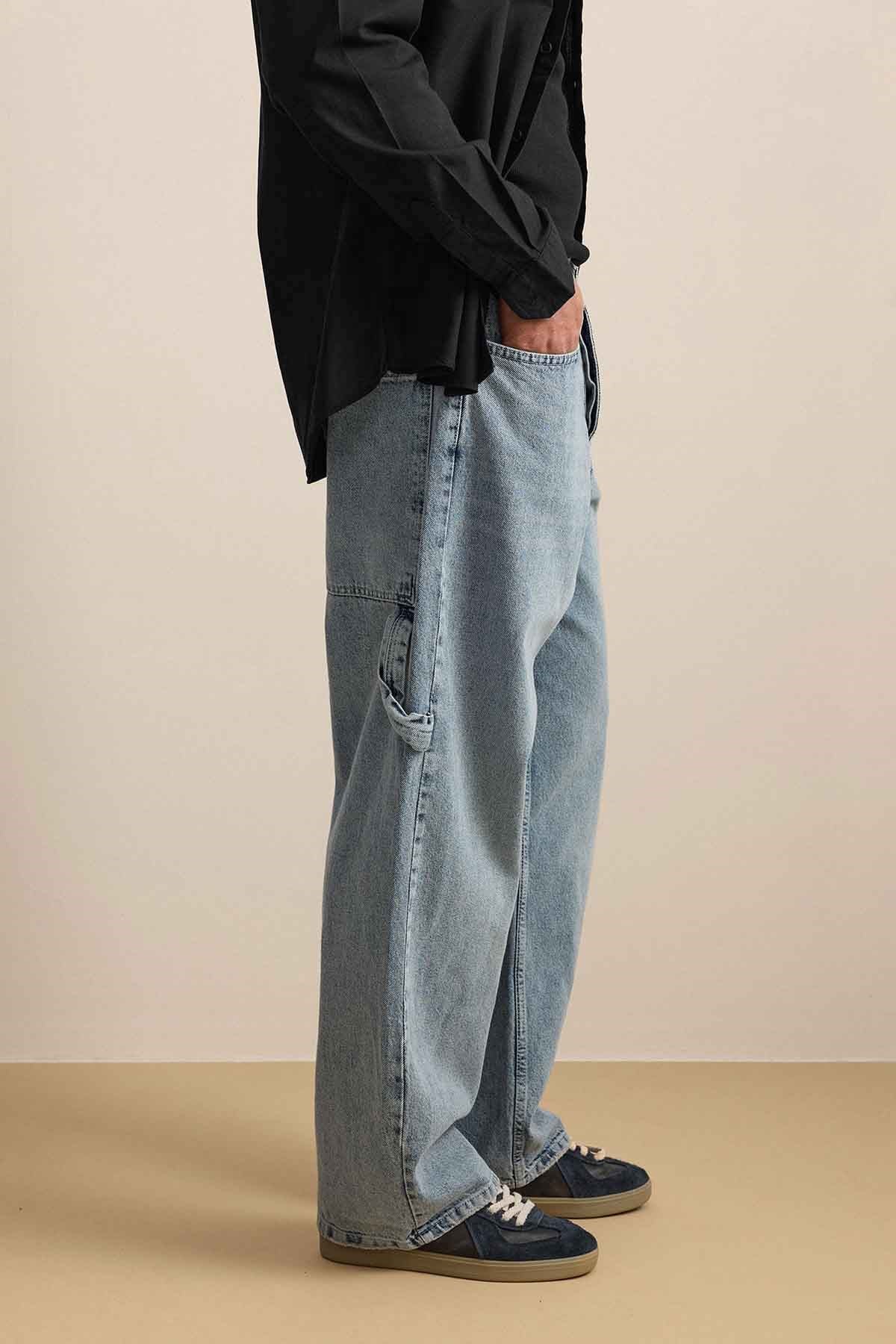 Erkek Baggy Fit Marangoz Cepli Jean Pantolon Açık Mavi