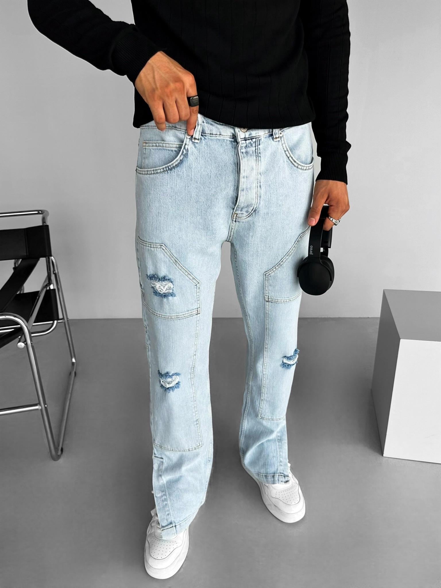 Erkek Baggy Fit Parça Yamalı Yırtık Jean Pantolon Buz Mavi