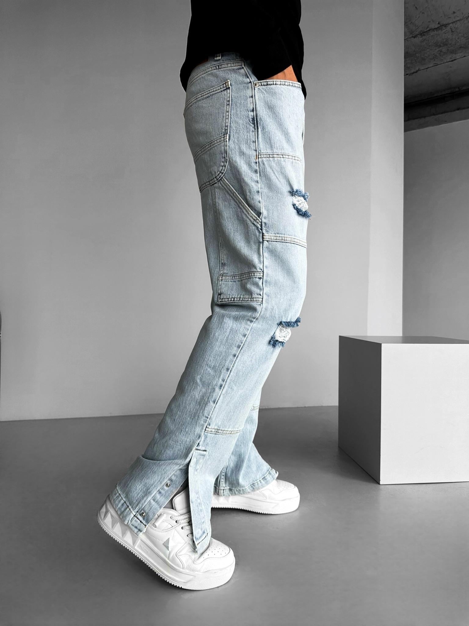 Erkek Baggy Fit Parça Yamalı Yırtık Jean Pantolon Buz Mavi