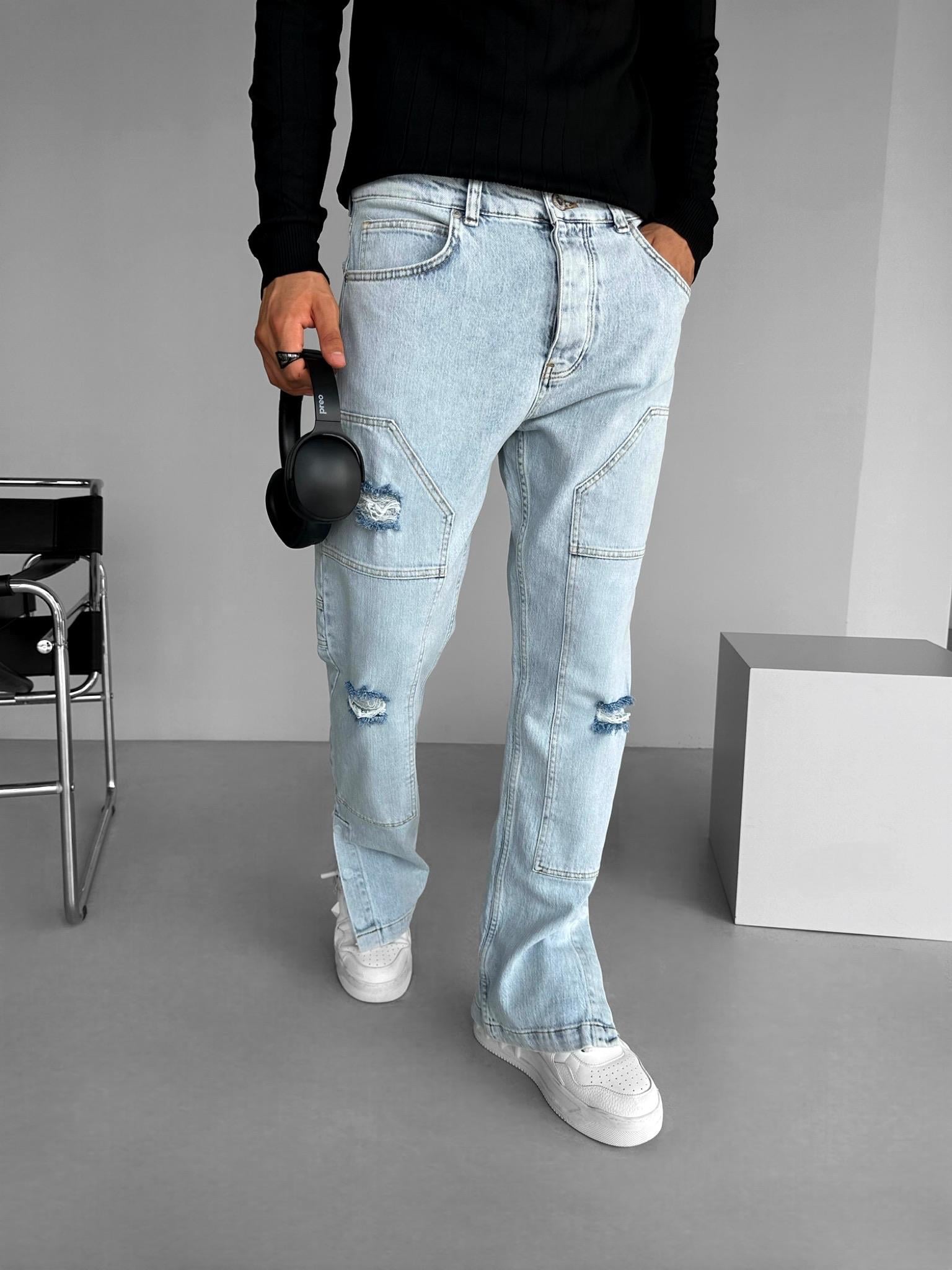 Erkek Baggy Fit Parça Yamalı Yırtık Jean Pantolon Buz Mavi