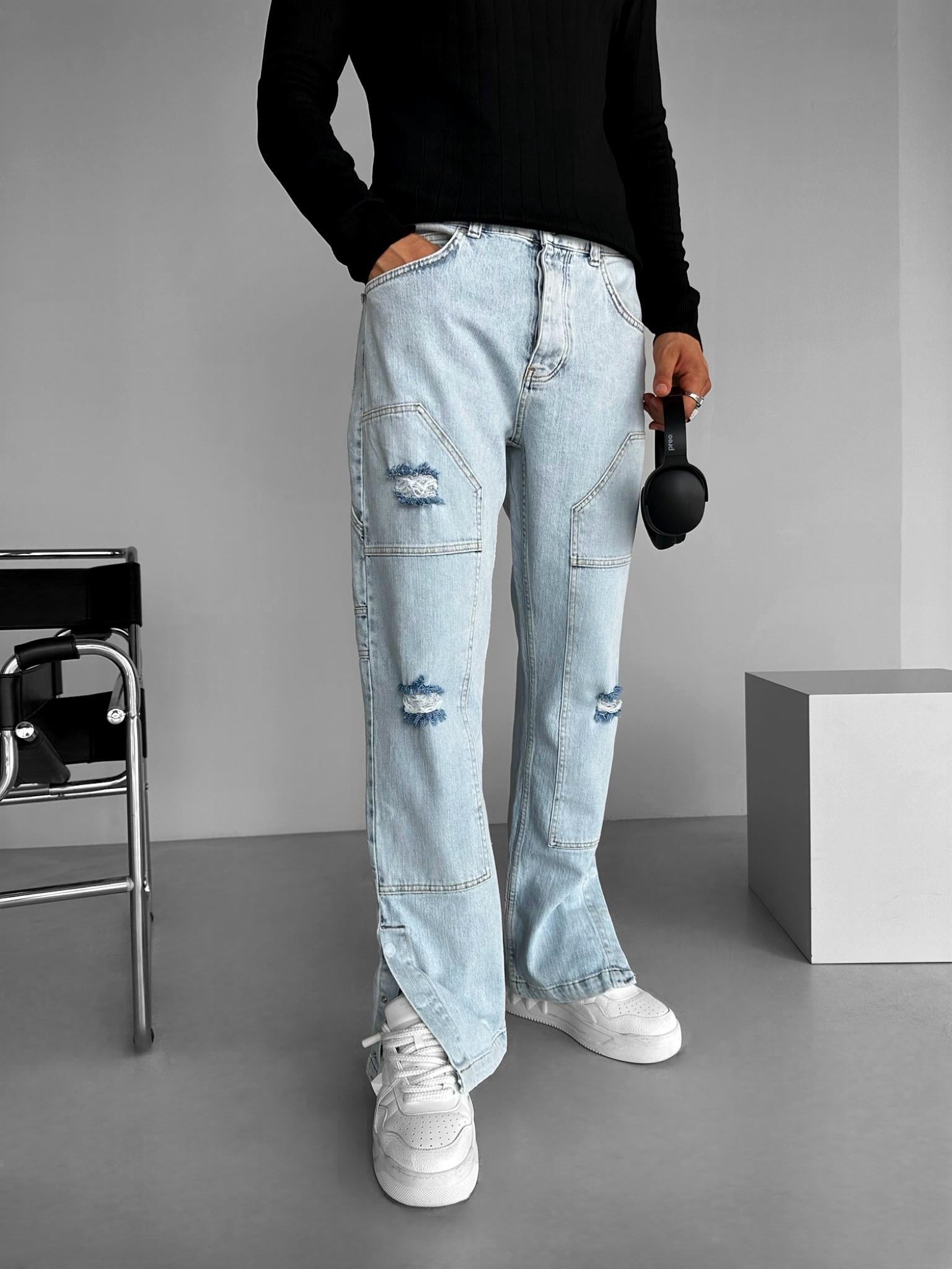 Erkek Baggy Fit Parça Yamalı Yırtık Jean Pantolon Buz Mavi