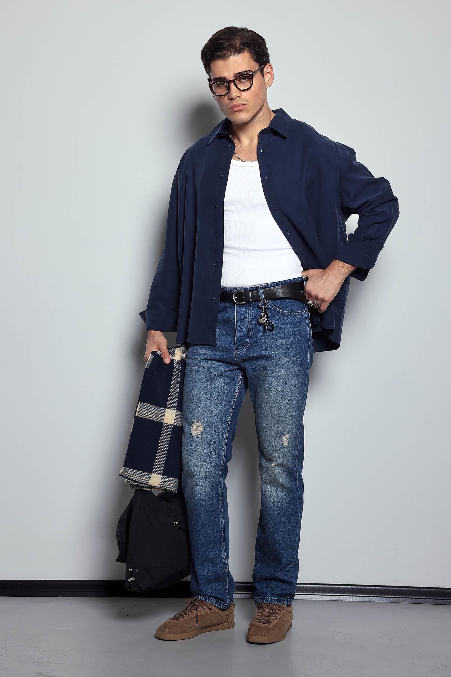 Erkek Baggy Fit Retro Jean Koyu Mavi