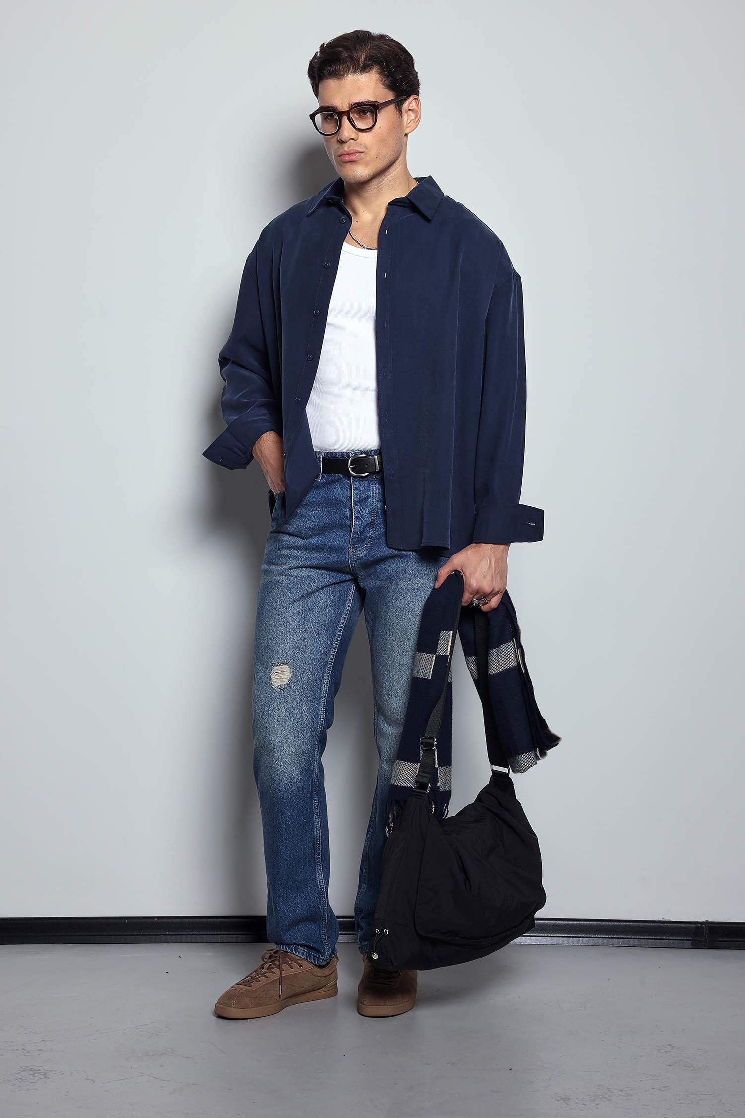 Erkek Baggy Fit Retro Jean Koyu Mavi