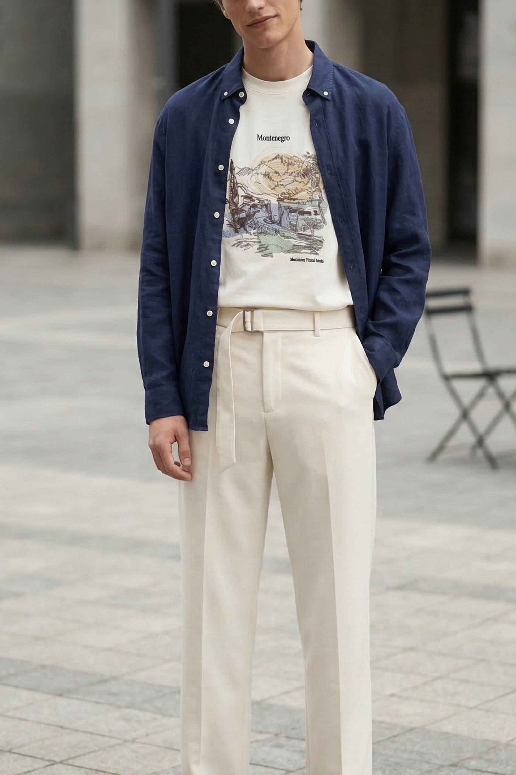 Erkek Baggy Fit Smart Casual Kemerli Pantolon Beyaz