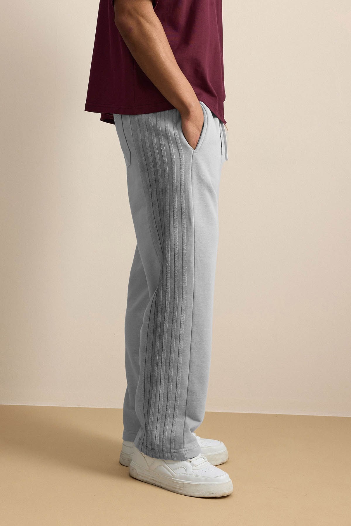Erkek Baggy Fit Yan Şerit Fitilli Eşofman Altı Gri