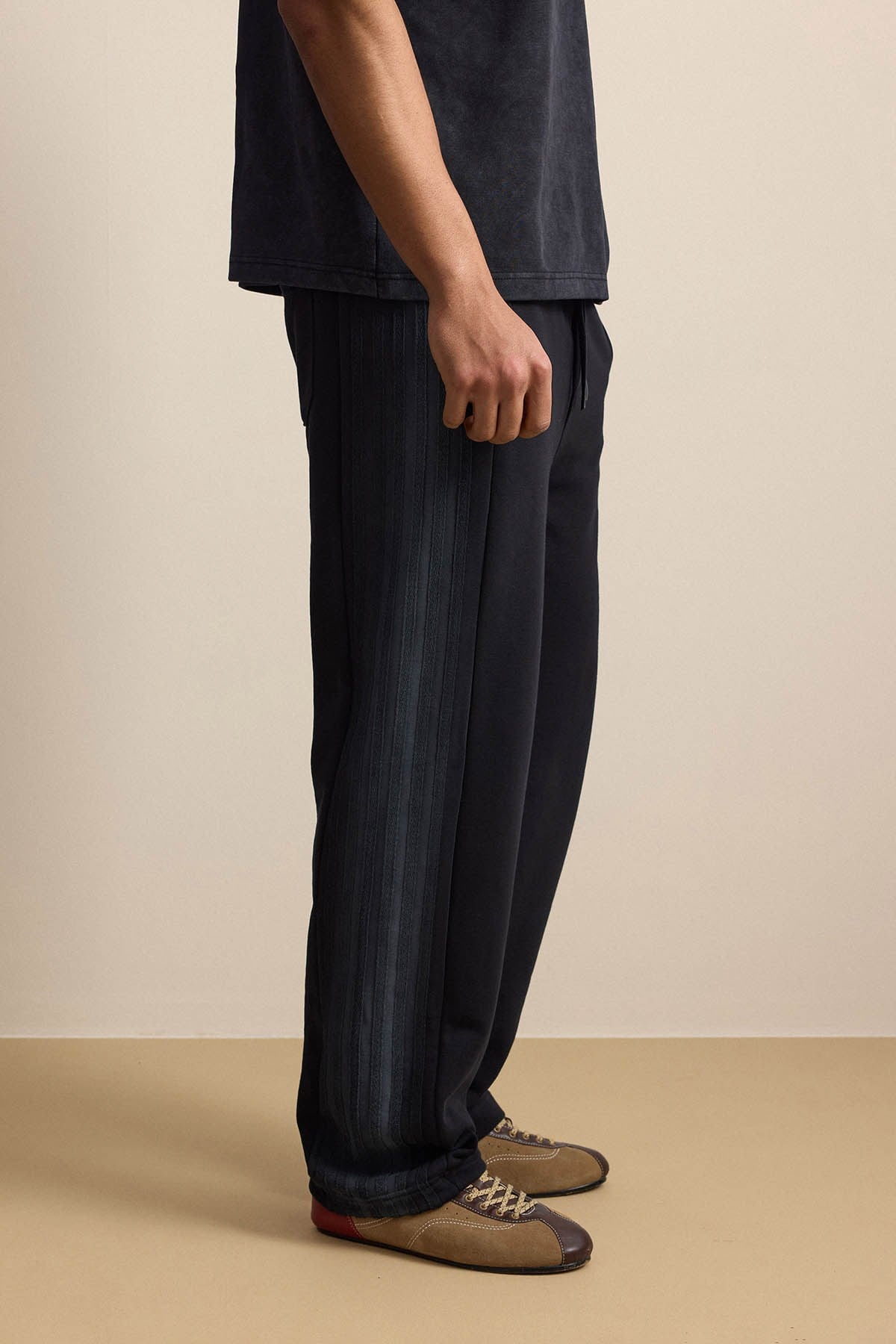 Erkek Baggy Fit Yan Şerit Fitilli Eşofman Altı Siyah