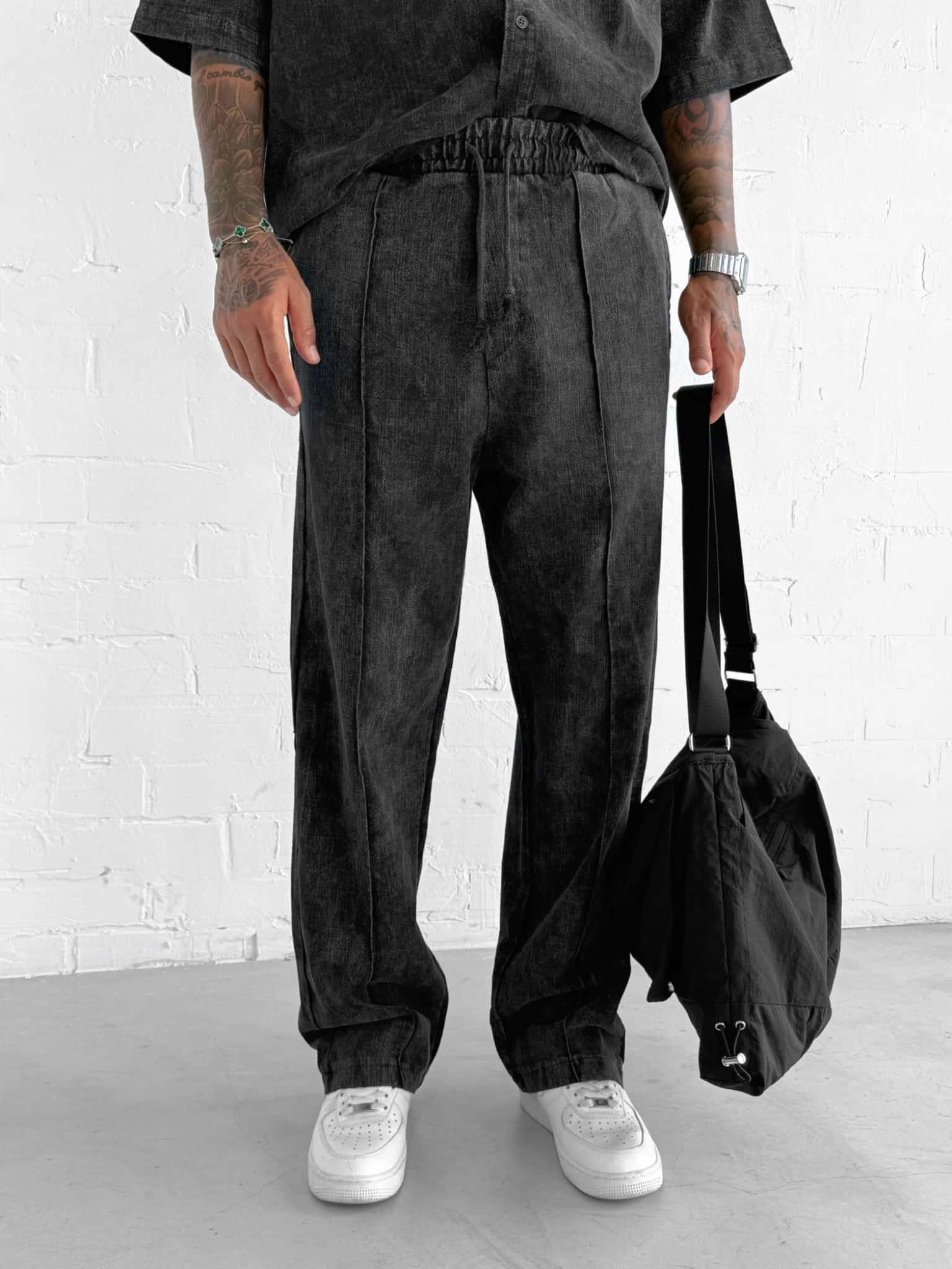 Erkek Baggy Fit Yıkamalı Beli Lastikli Pantolon Siyah