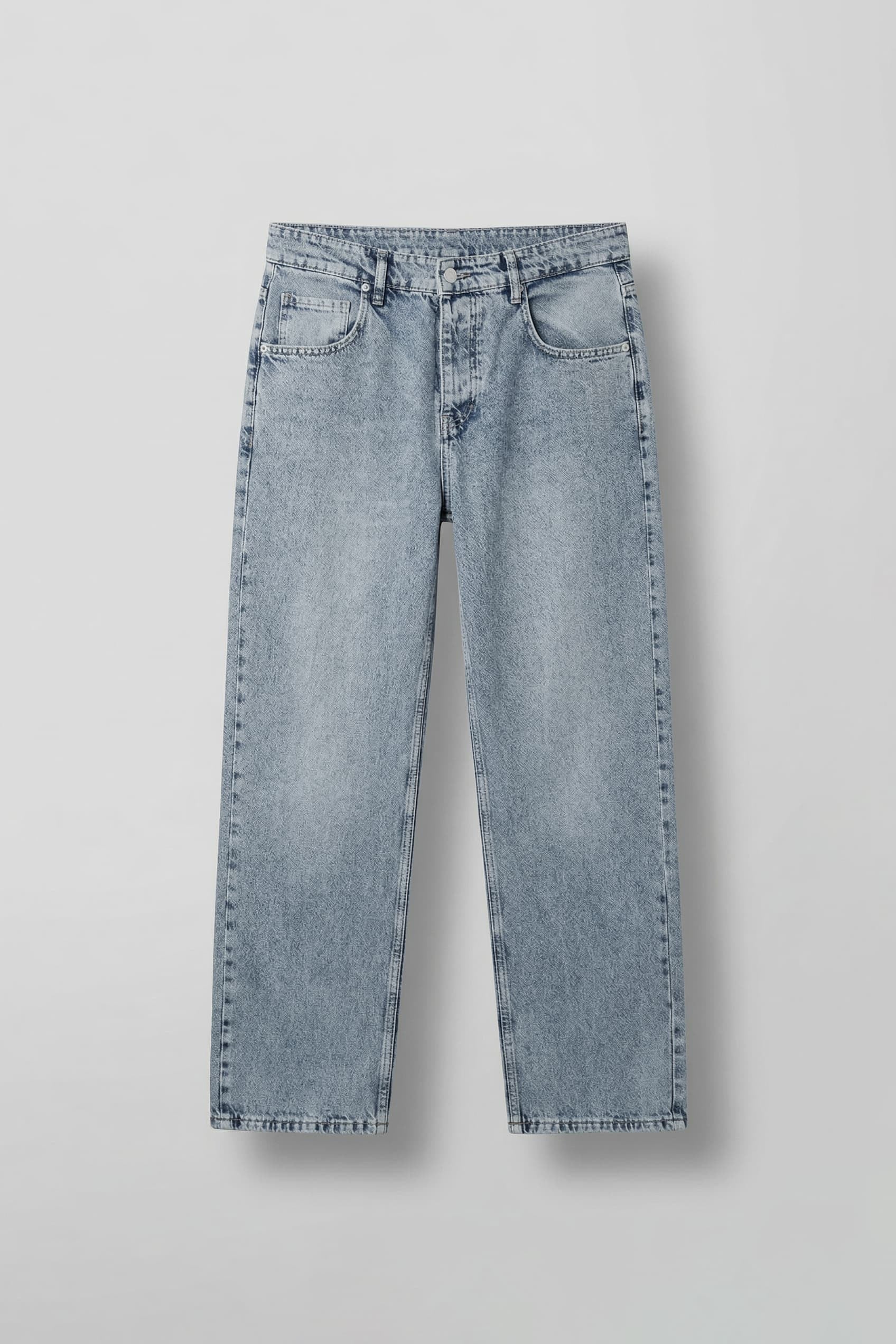 Erkek Baggy Fit Yıkamalı Düz Paça Jean Pantolon Açık Mavi