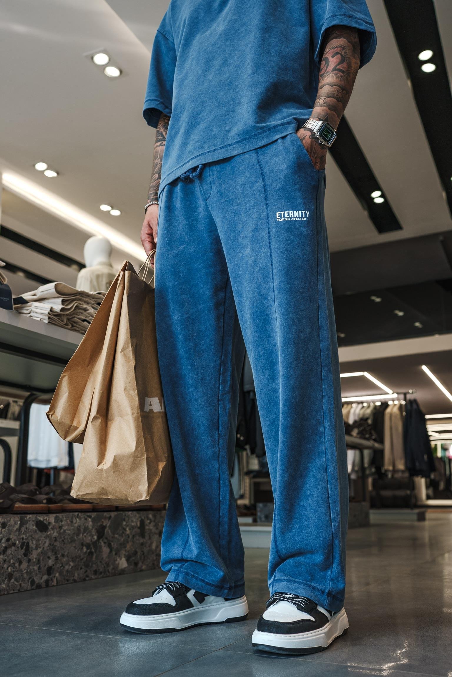 Erkek Baggy Fit Yıkamalı Eşofman Mavi