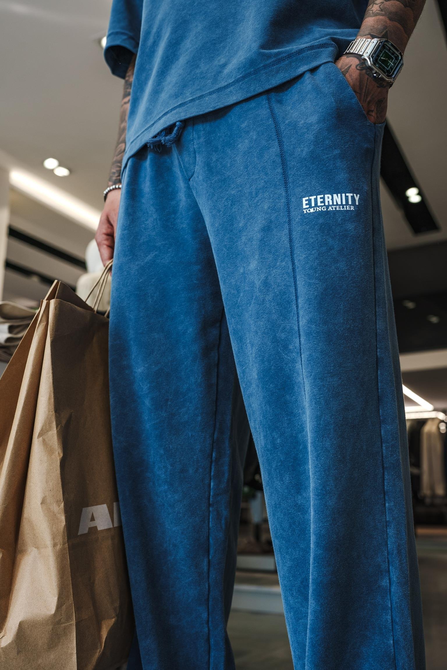 Erkek Baggy Fit Yıkamalı Eşofman Mavi