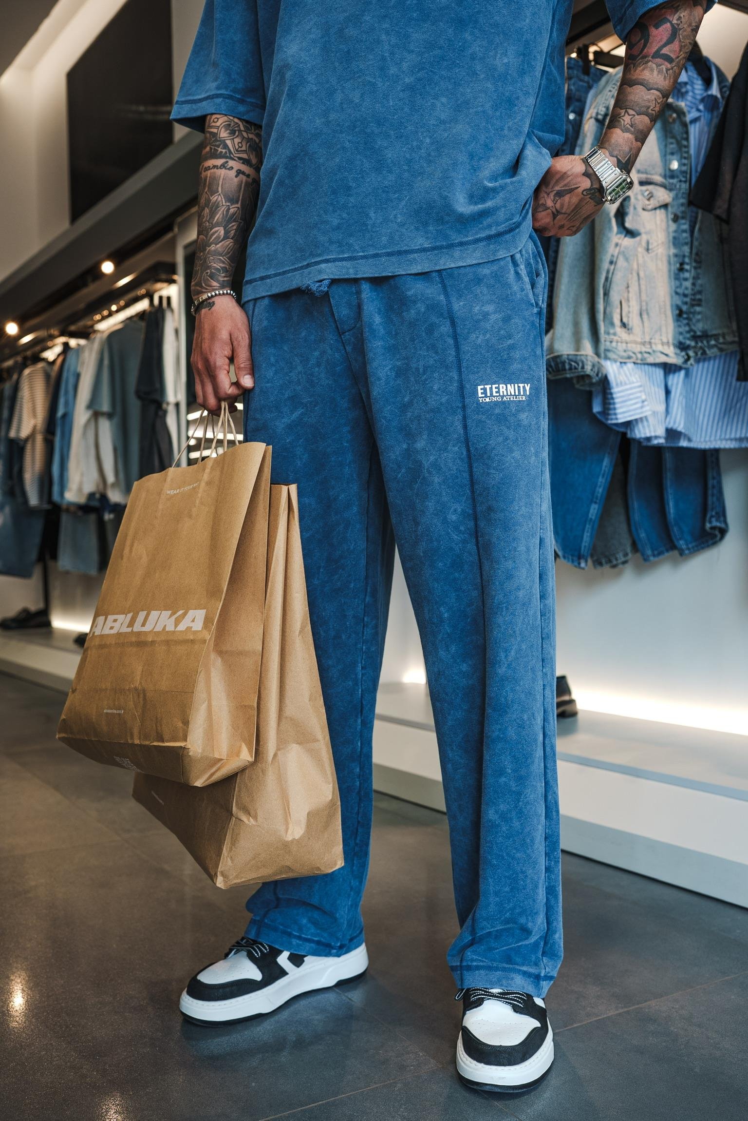 Erkek Baggy Fit Yıkamalı Eşofman Mavi