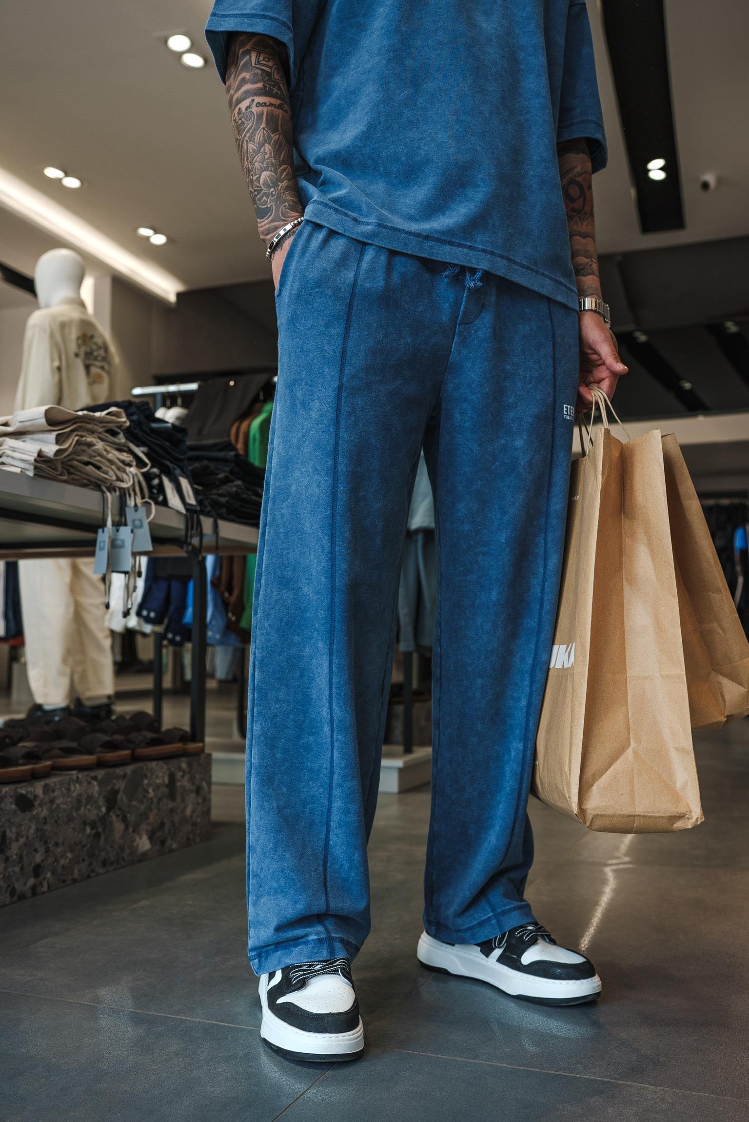 Erkek Baggy Fit Yıkamalı Eşofman Mavi