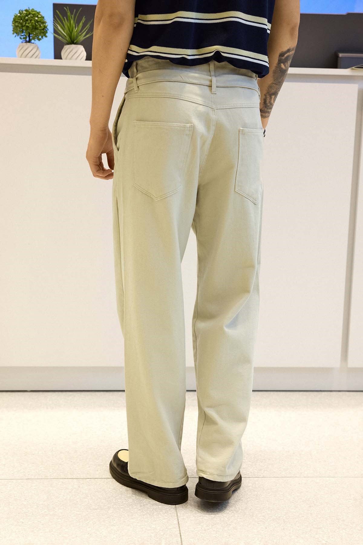 Erkek Baggy Fit Yüksek Bel Kemerli Gabardin Pantolon Taş Rengi