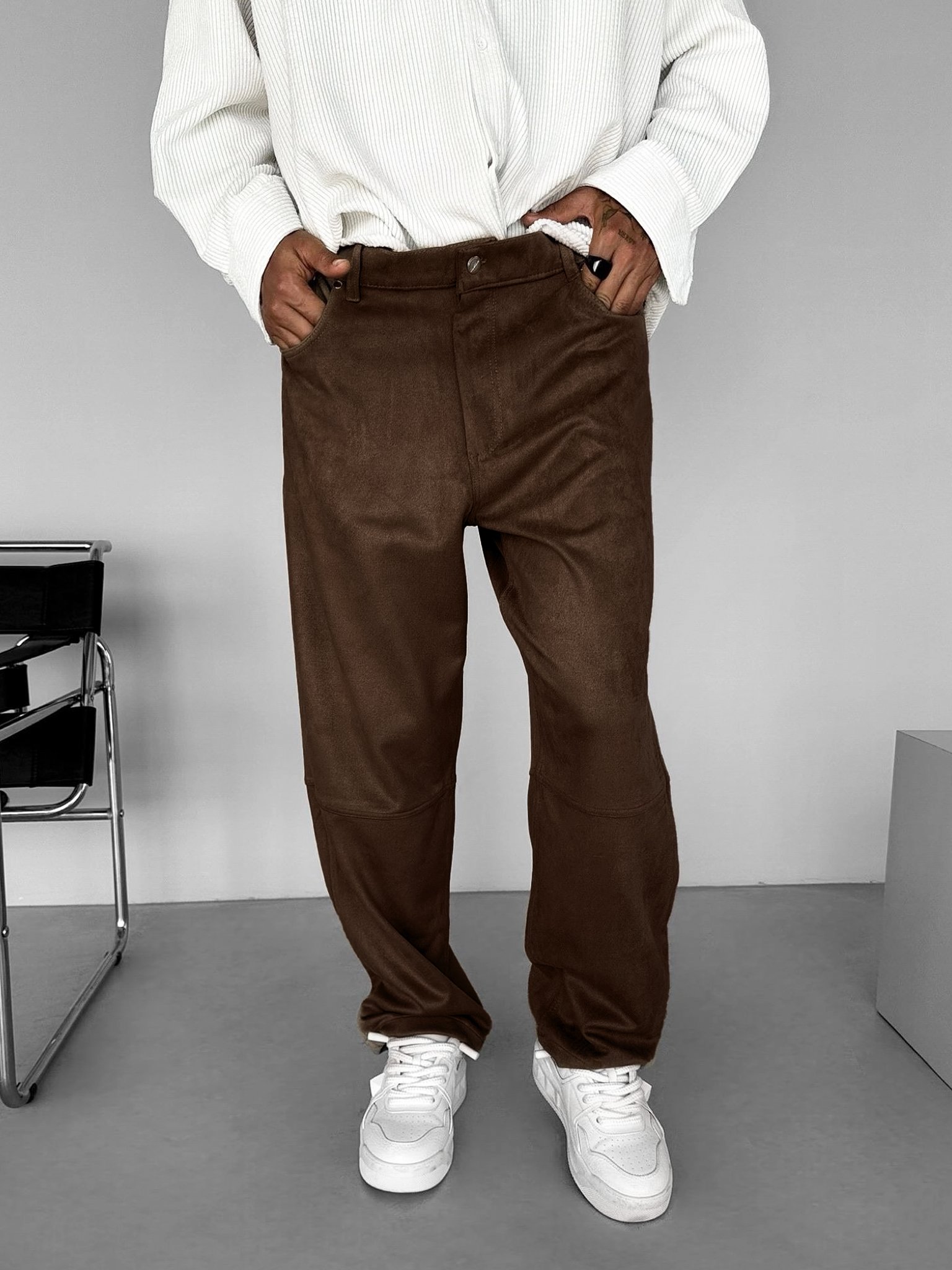 Erkek Baggy Geniş Kalıp Geniş Paça Süet Basic Pantolon Kahverengi