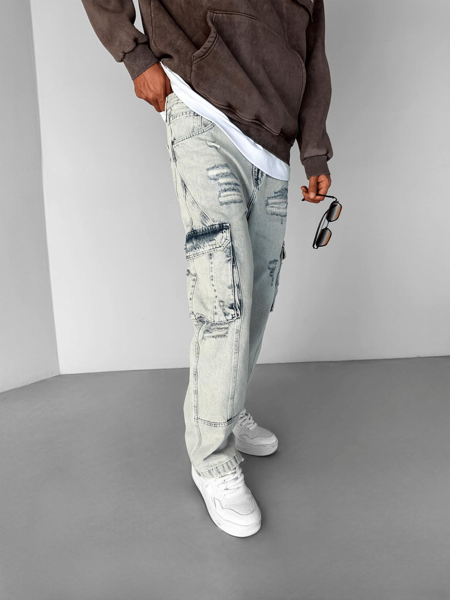 Erkek Baggy Kargo Cepli Distressed Pantolon Jean Açık Mavi