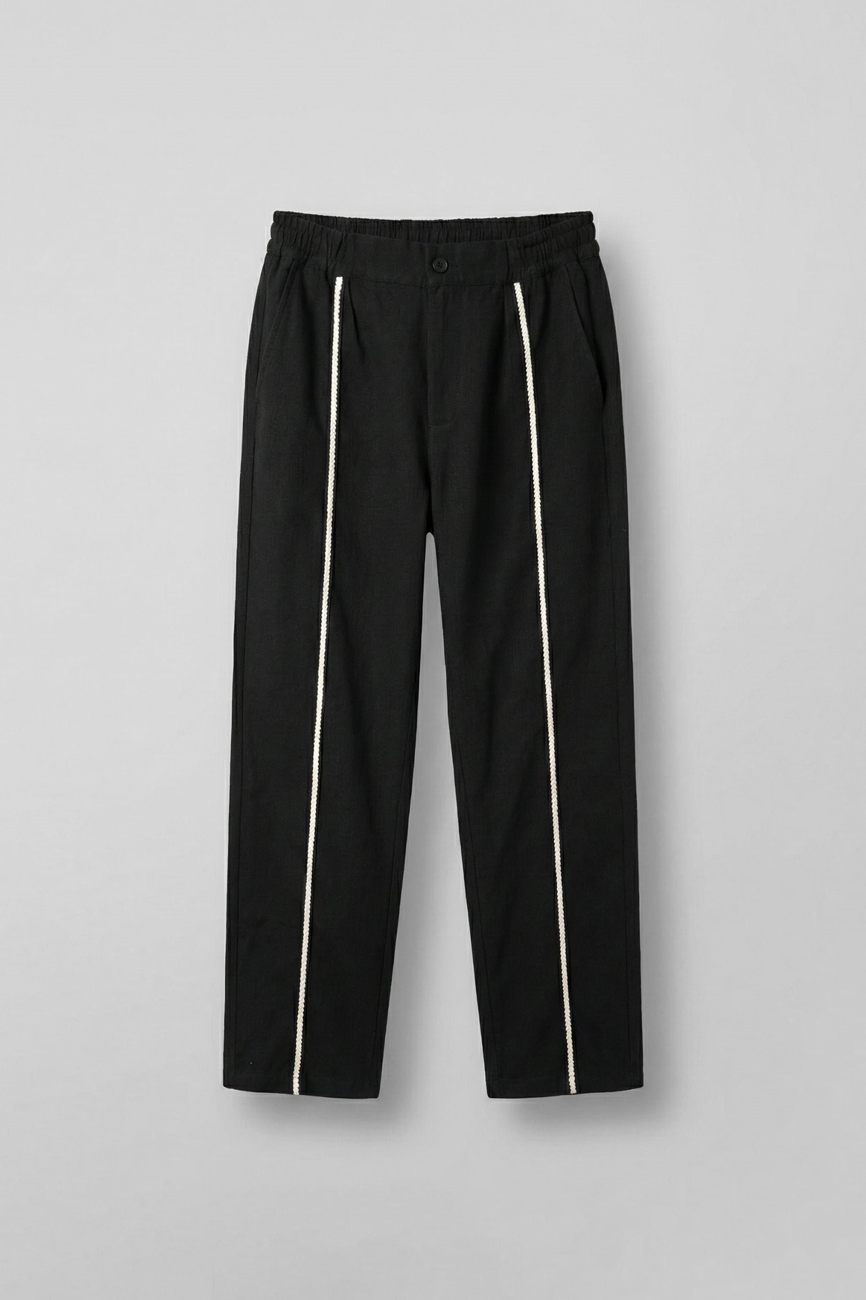 Erkek Baggy Keten Şerit Detaylı Lastik Bel Pantolon Siyah