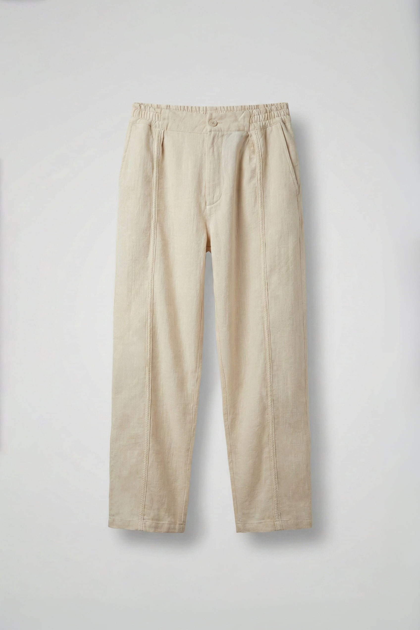 Erkek Baggy Keten Şerit Detaylı Lastik Bel Pantolon Bej