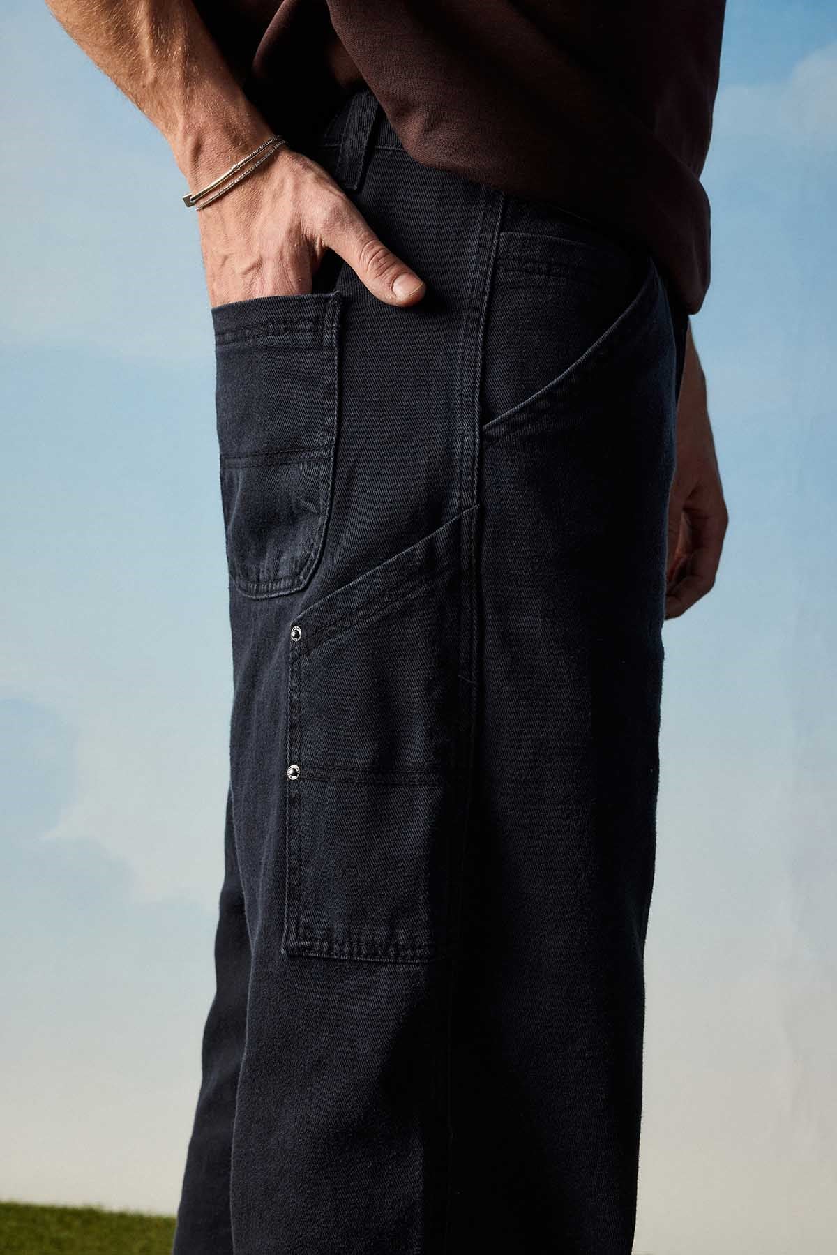 Erkek Baggy Marangoz Cepli Jean Pantolon Siyah