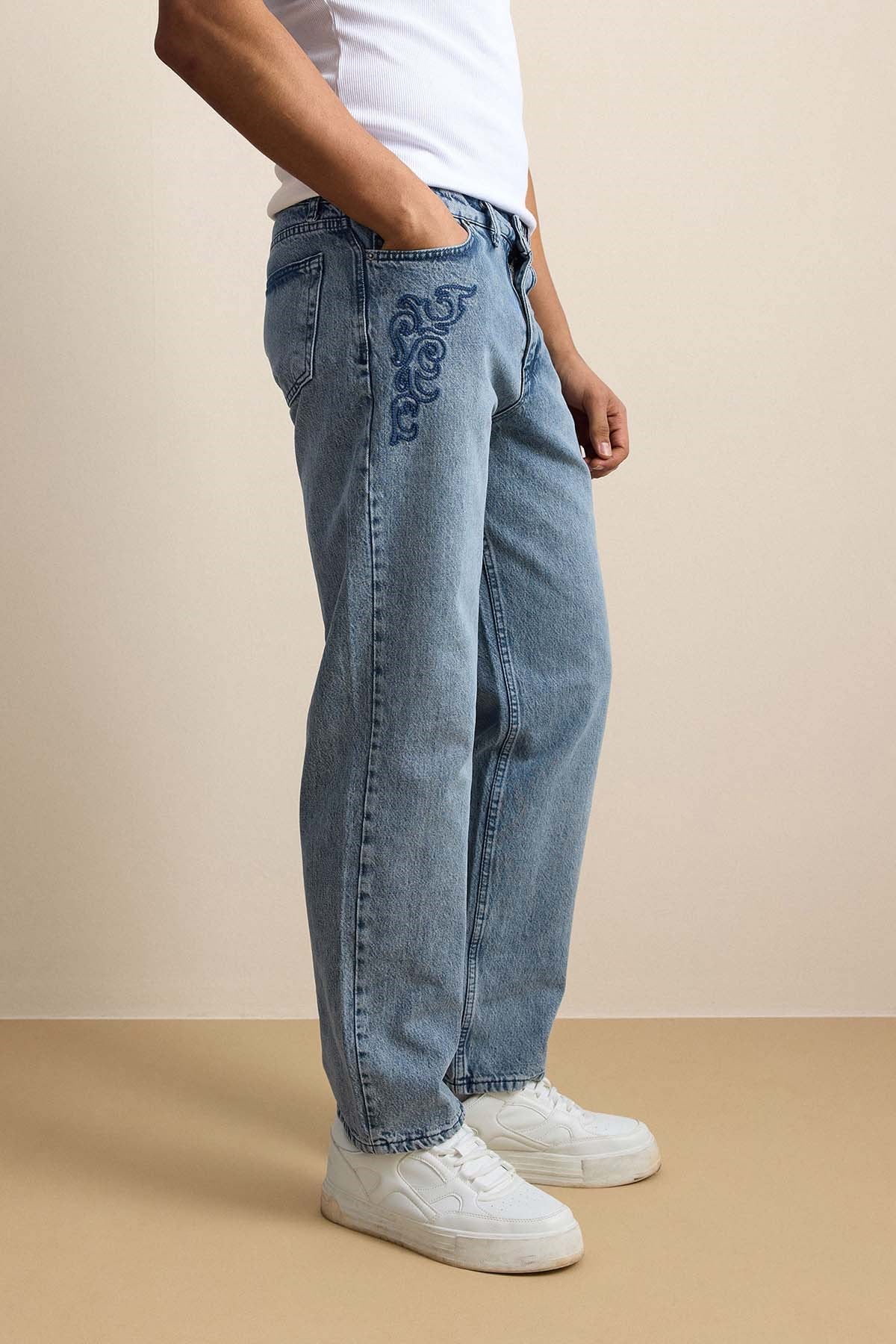 Erkek Baggy Nakış Detaylı Jean Pantolon Mavi