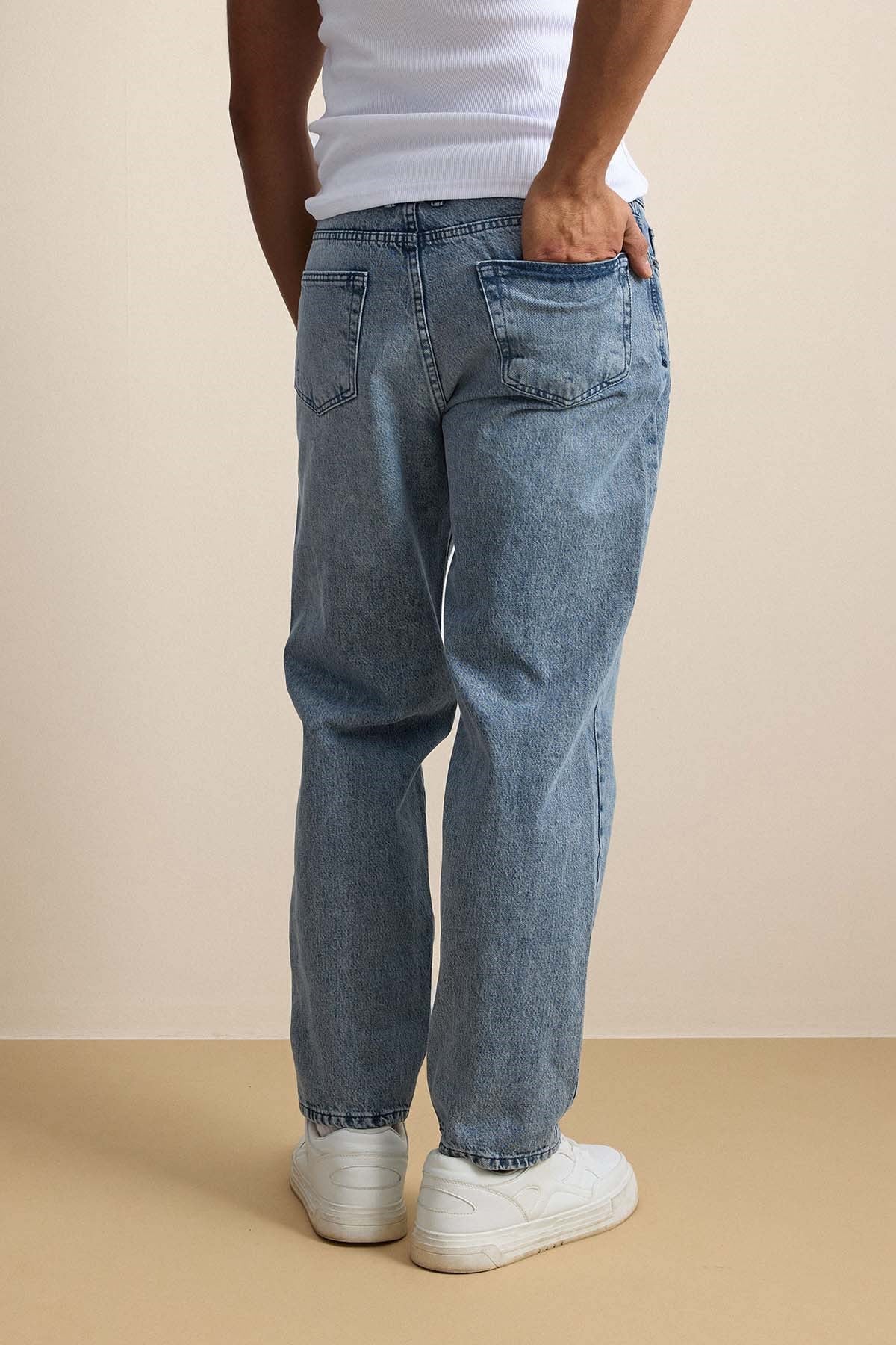 Erkek Baggy Nakış Detaylı Jean Pantolon Mavi