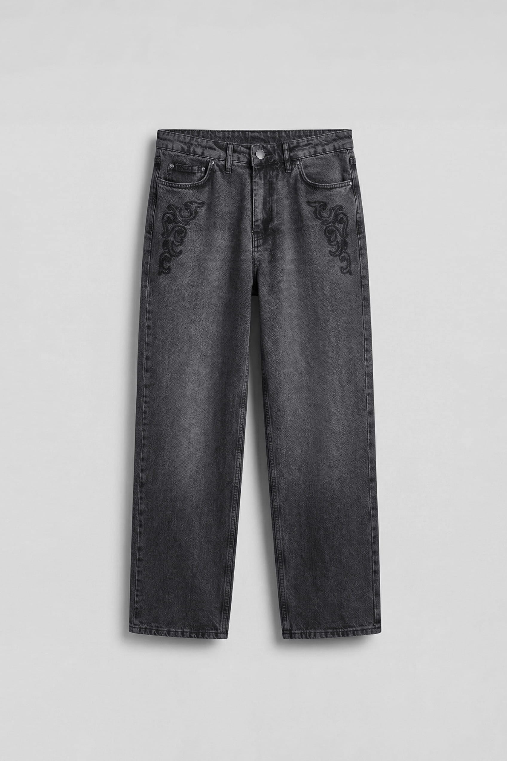 Erkek Baggy Nakış Detaylı Jean Pantolon Koyu Gri