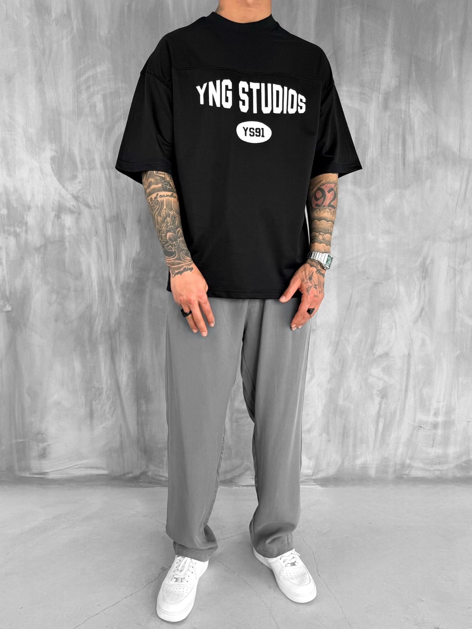 Erkek Baskılı Oversize Forma Kumaş T-Shirt Siyah