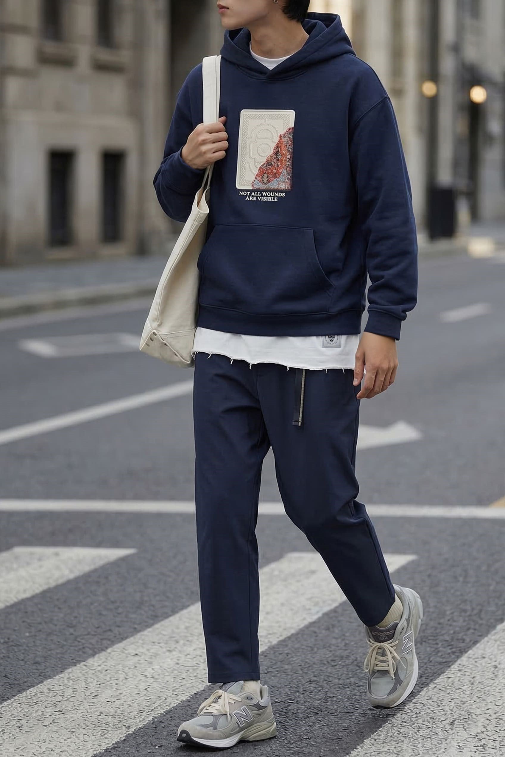 Erkek Baskılı Oversize Premium Kumaş Hoodie Lacivert